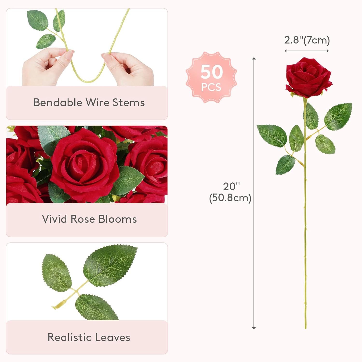 50 Pcs Red Artificial Roses Flowers in Bulk, Fake Long Stem Silk Roses for DIY W