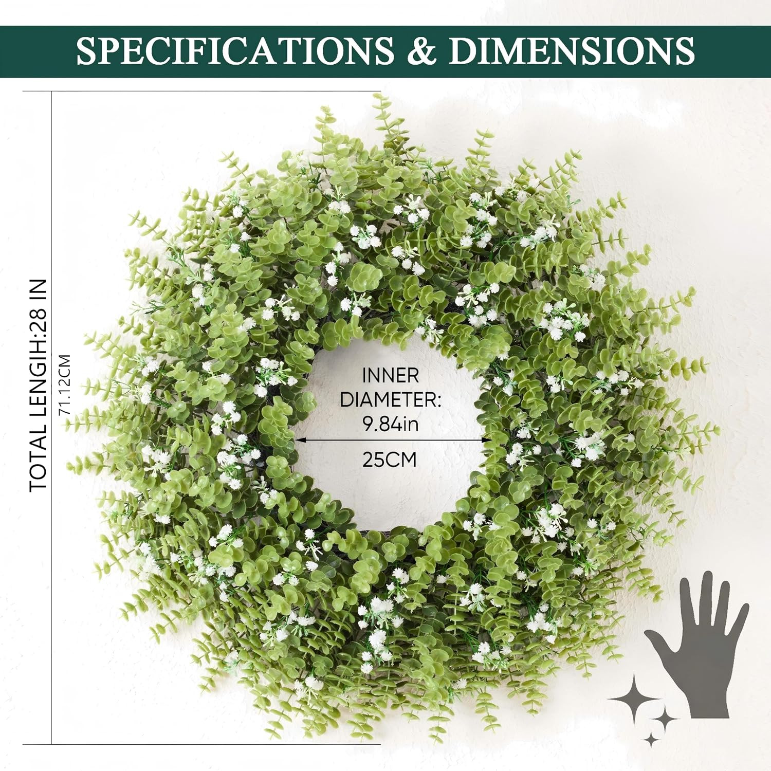 28” Large Artificial Eucalyptus Wreath with Baby’S Breath for Front Door-Faux E