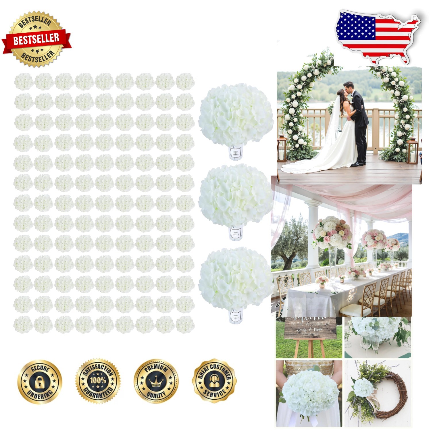 Bulk 105pcs White Hydrangea Artificial Flowers, Realistic Silk, Wedding Party…