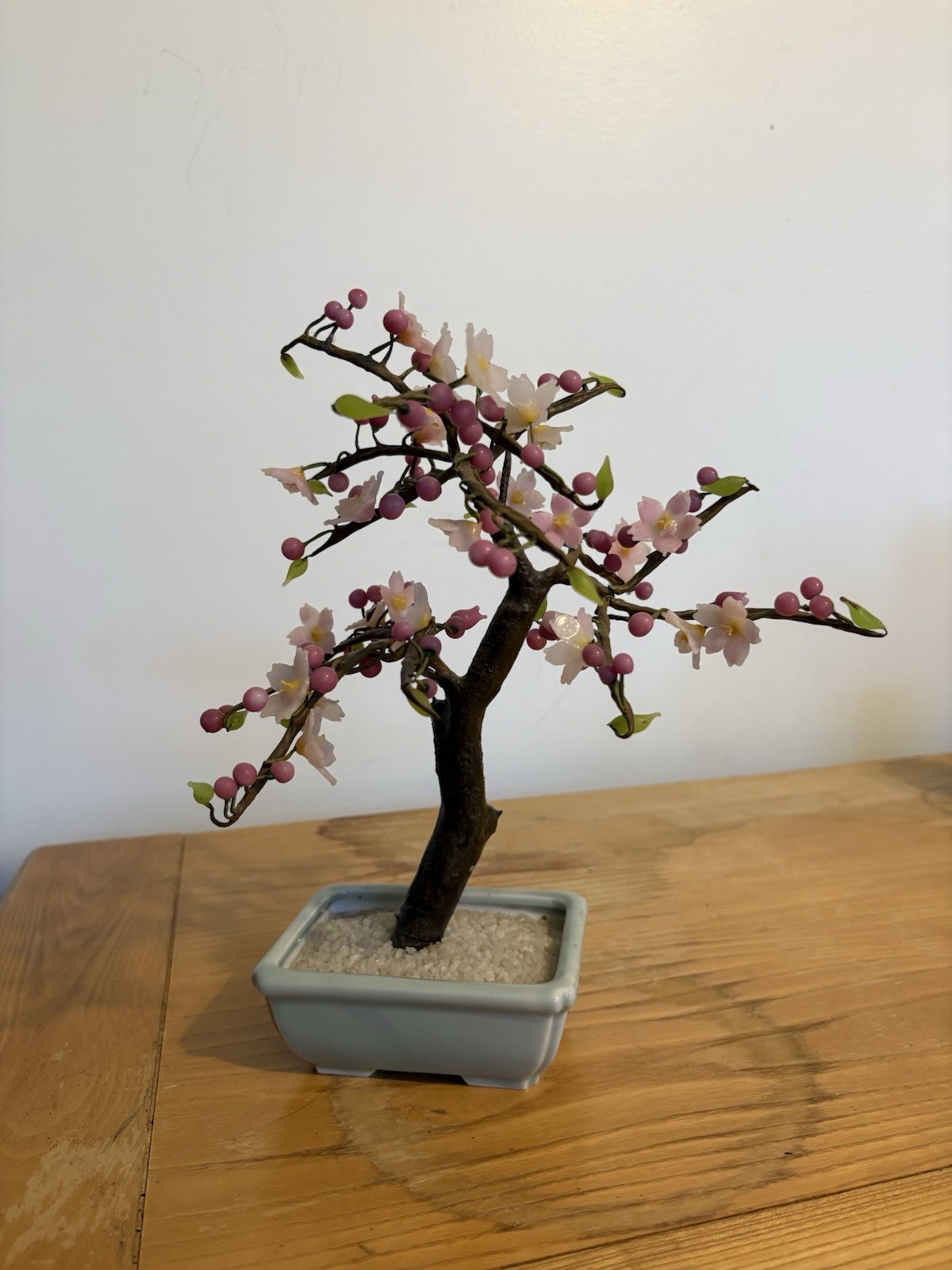 Vintage Cherry Blossom Bonsai Tree w/ Pink Blossoms & Berries Gray Planter
