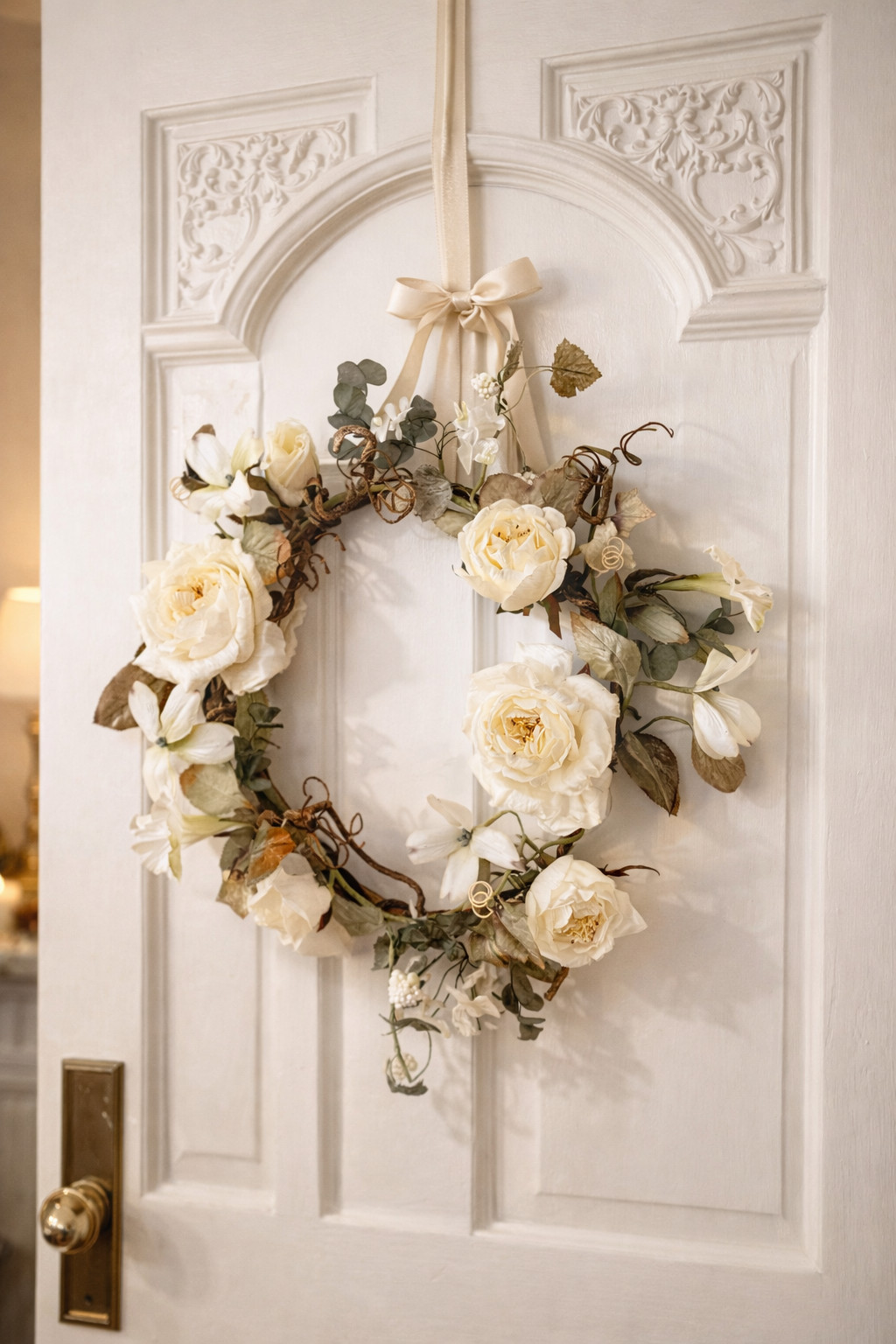 Vintage White Rose and Dogwood Wreath, Wedding Wall Hanging