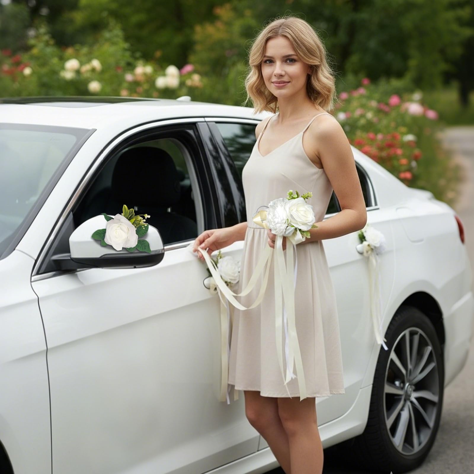 6 PCS White Rose Peony Wedding Car Decoration Kit Floral Door Handle Mirror