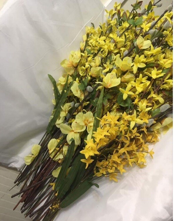 Large Lot Yellow Artificial Forsythia Bushes/ Stamps W/Green 36”Tall Fall Decor