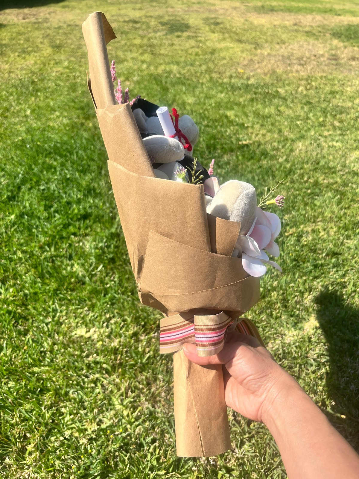 Hand Made Graduation Plush Bear Pink Artificial Flower Bouquet & Matching Ribbon