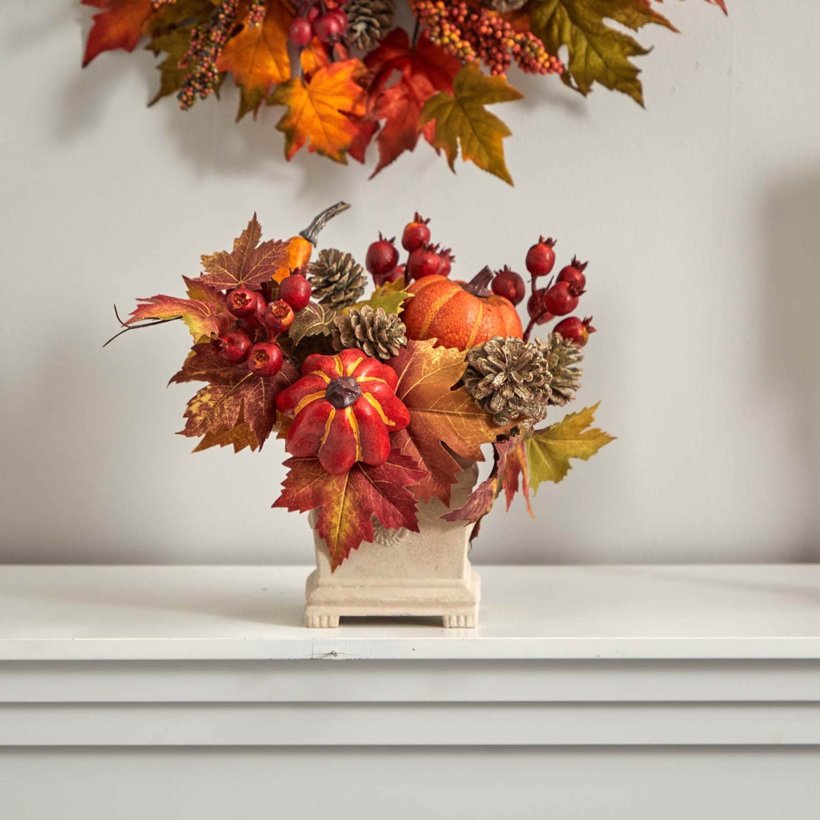 Nearly Natural Pumpkin Gourd Berry and Maple Leaf Artificial Arrangement