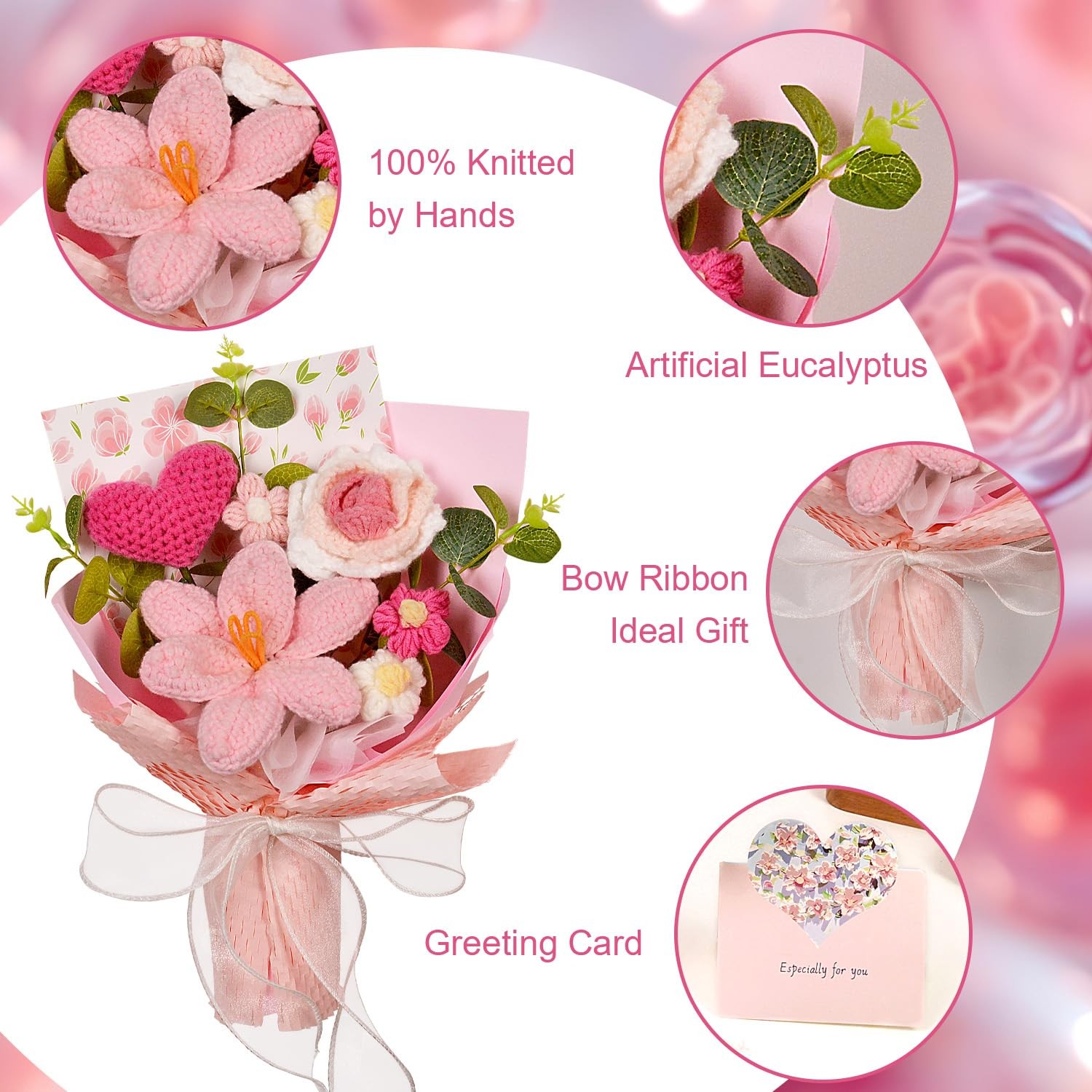 Pink Crochet Flower Bouquet Tulip Rose Daisy Knitted Gift Valentines Day