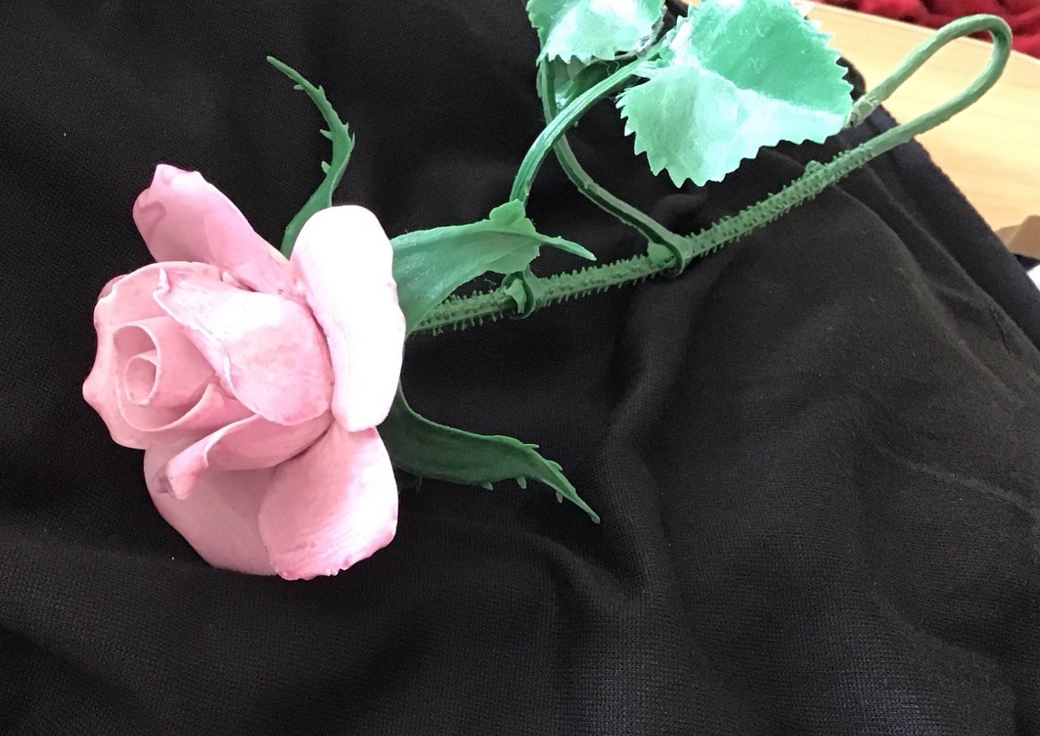 Vtg Porcelain or Clay Flower Pink Rose Plastic Stem Leaves 9”….0506
