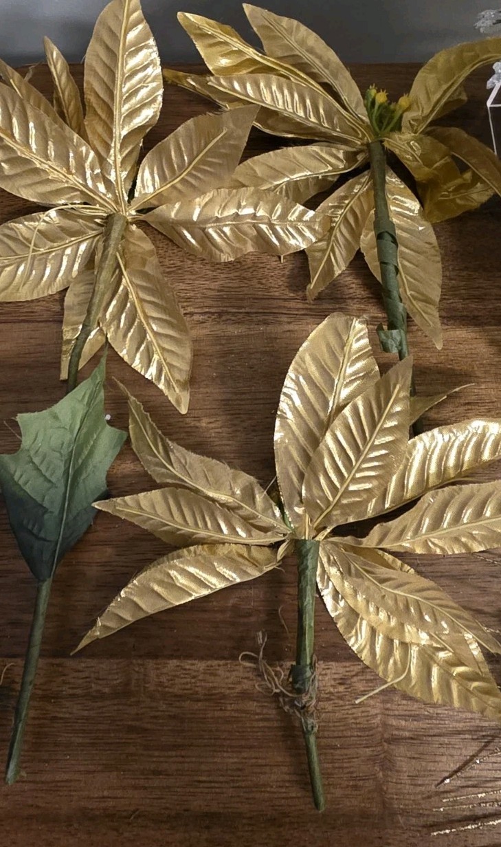 5 Vtg Picks 3 Poinsettia Floral Picks Metallic Gold, Glitter Stems,Ornament Pick