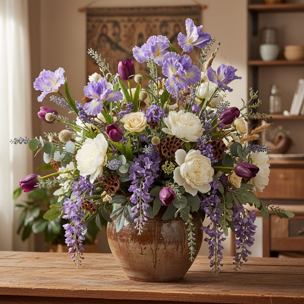 Lavender Iris Stem Artificial Floral Pick 34 Inch Faux Purple Iris Spray Silk Fl