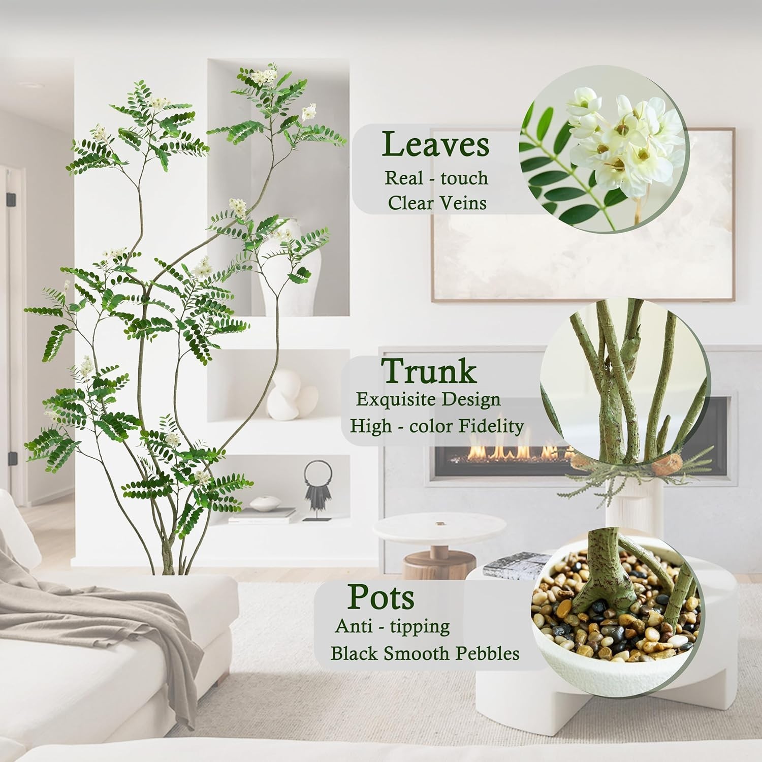 Artificial Black Locust Tree 6FT Faux Floor Plant White Flower Beige Ribbed Plan