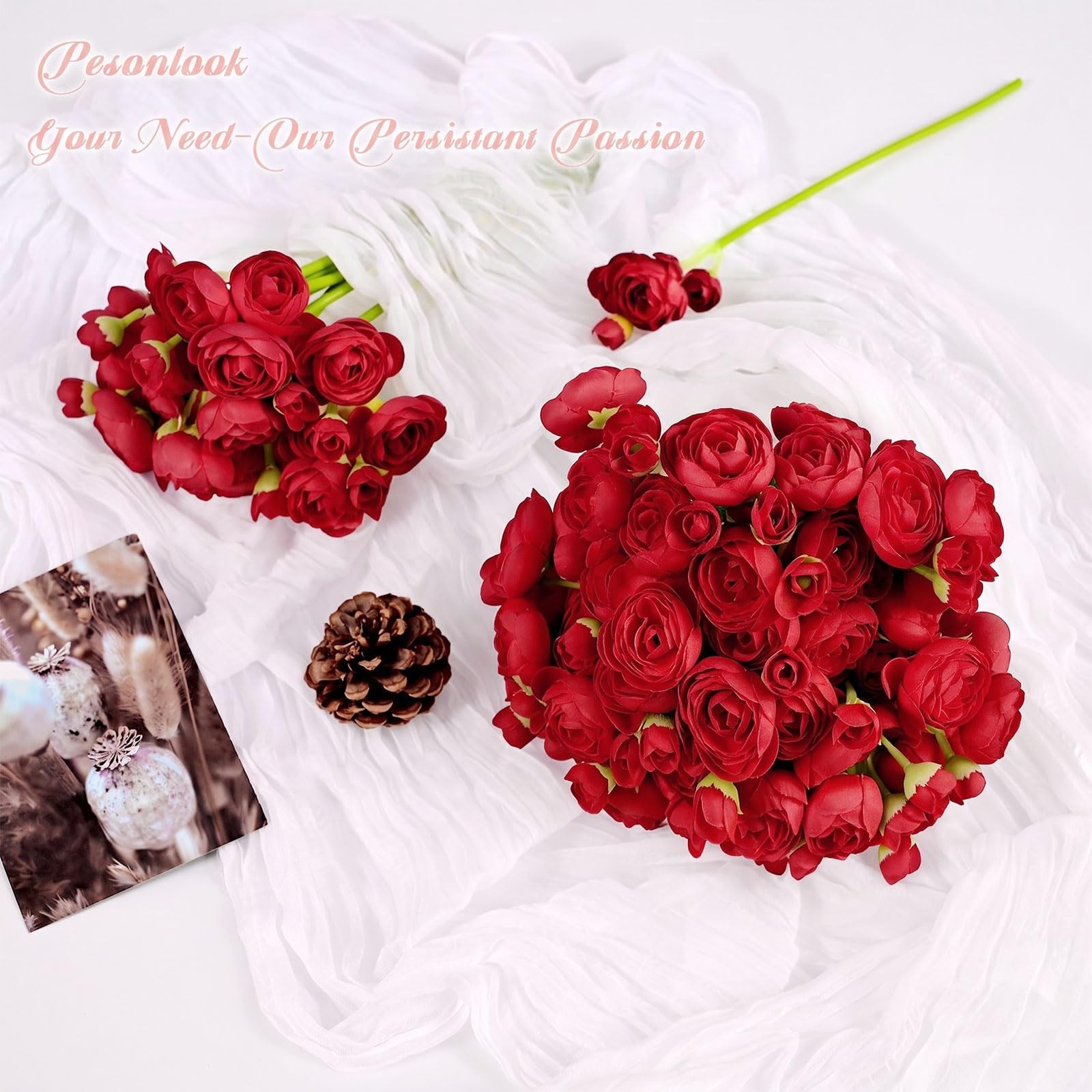 48 Pcs Ranunculus Artificial Flower,Red Faux Silk Mini Ranunculus Flowers Bul…