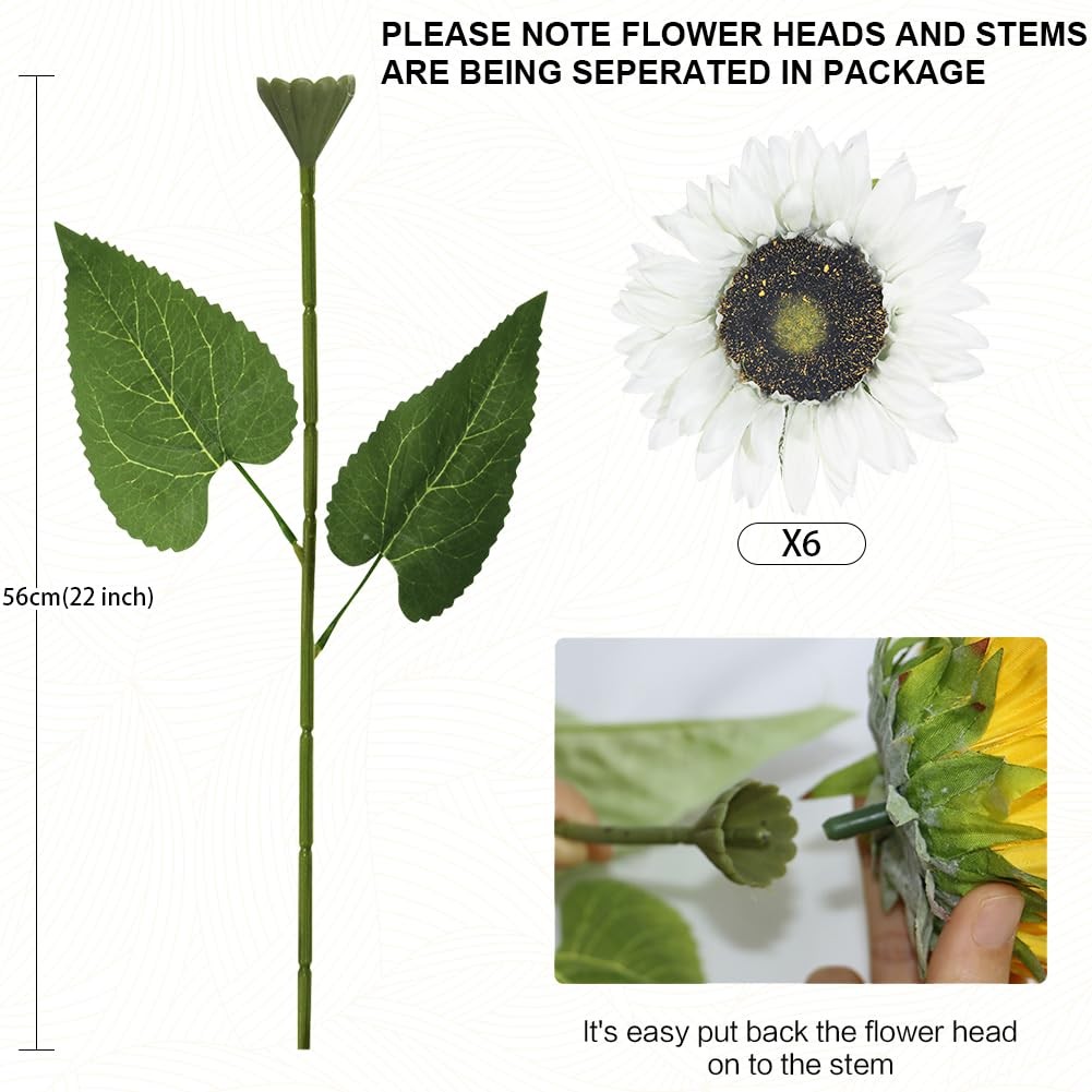 Long Stem Artificial Sunflower 6pcs, White Fake Sun Flowers Single Stem for T…