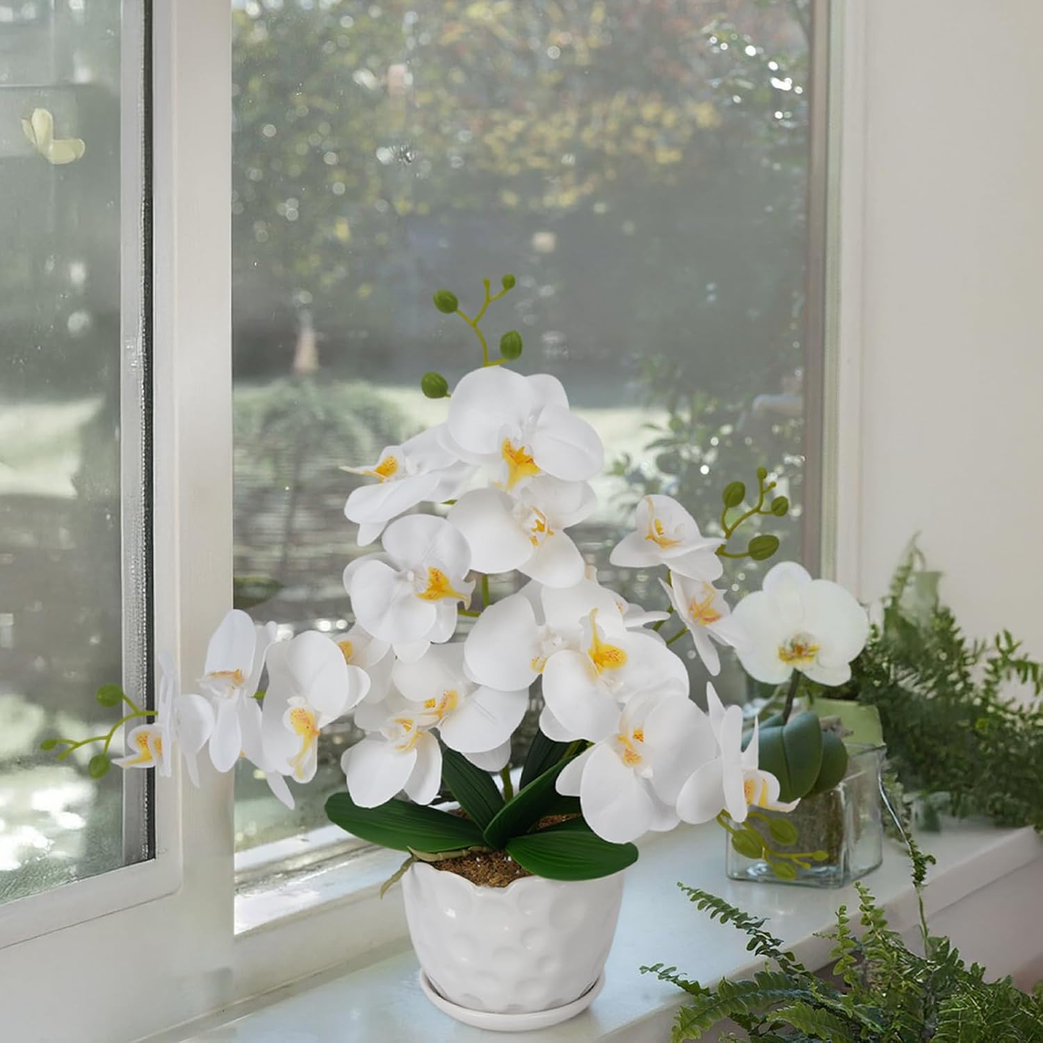 17″ Orchids Artificial Flowers White Fake Orchid Plant with Ceramic Pot Real Tou