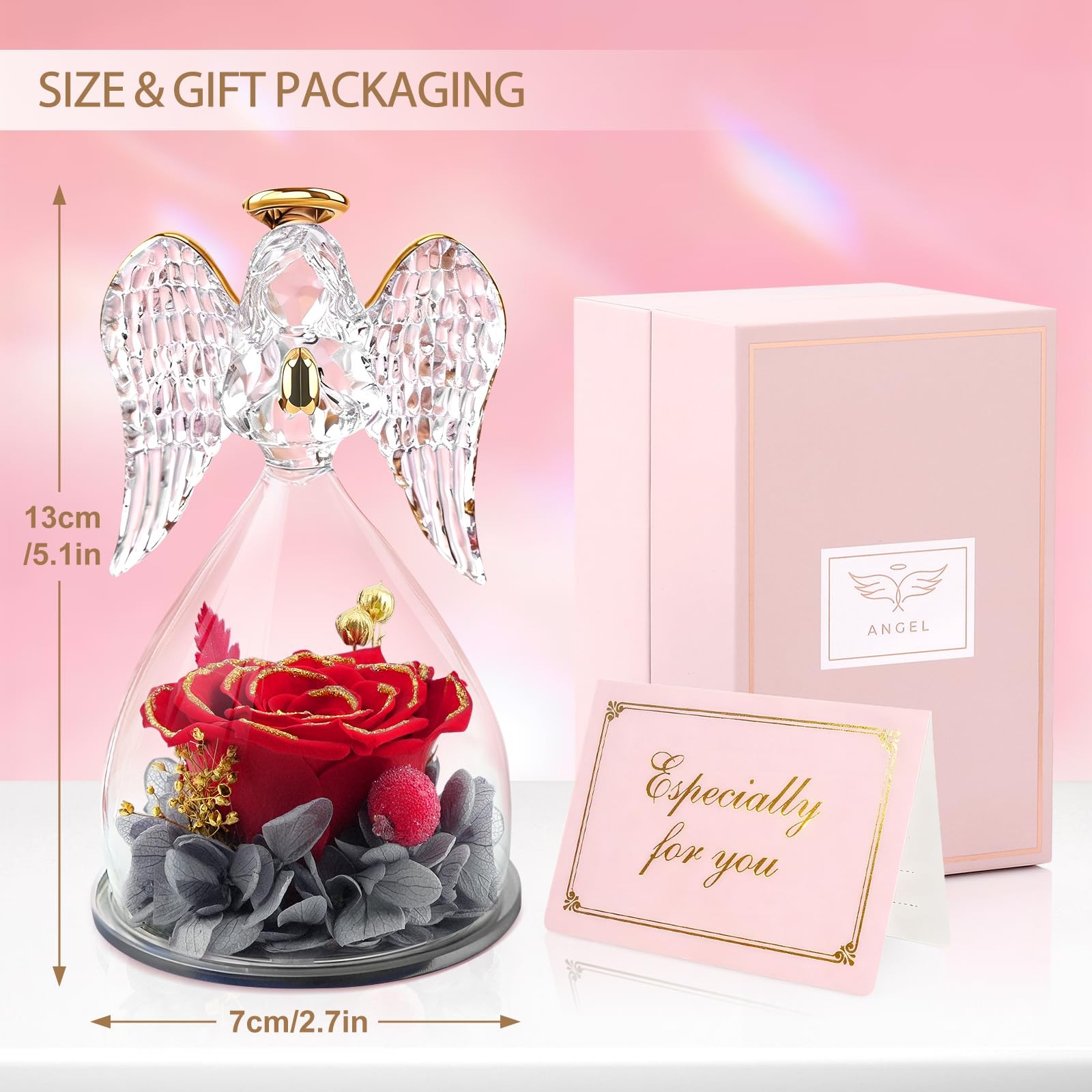 Angel Figurines With Real Rose Preserved Flowers Mothers Day Gift Redgold