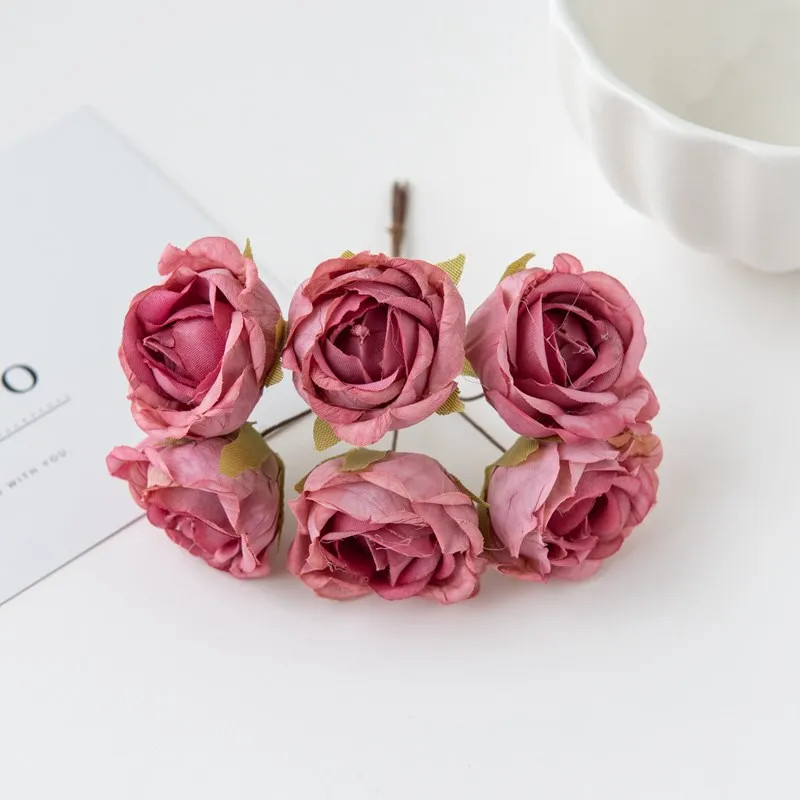 6Pcs Artificial Silk Tea Rose Mini Bouquet for Wedding Christmas Diy Home Decor