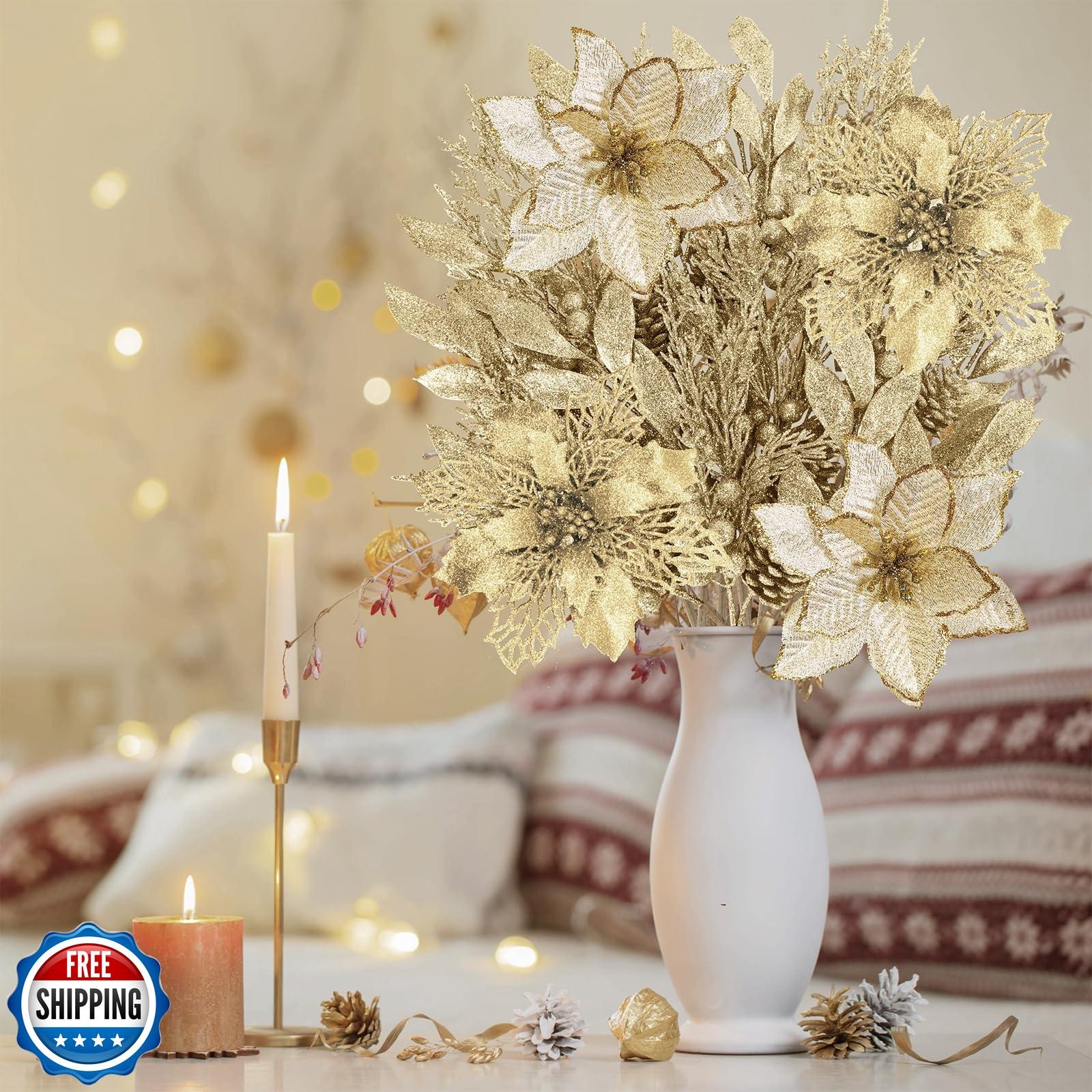Winlyn 35 Pcs Christmas Artificial Poinsettia Flower Stems and Artificial Lea