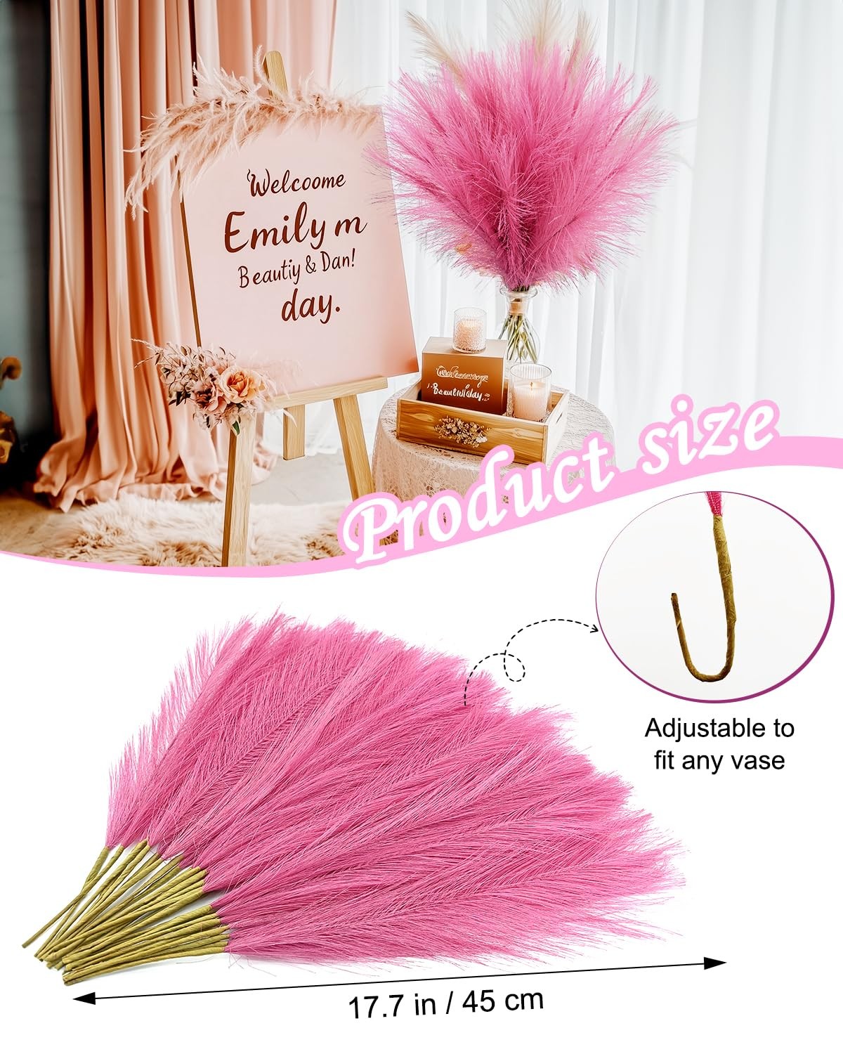 60pcs Faux Pampas Grass Decor, 17.7inch Hot Pink Short Artificial Pompous Gra…