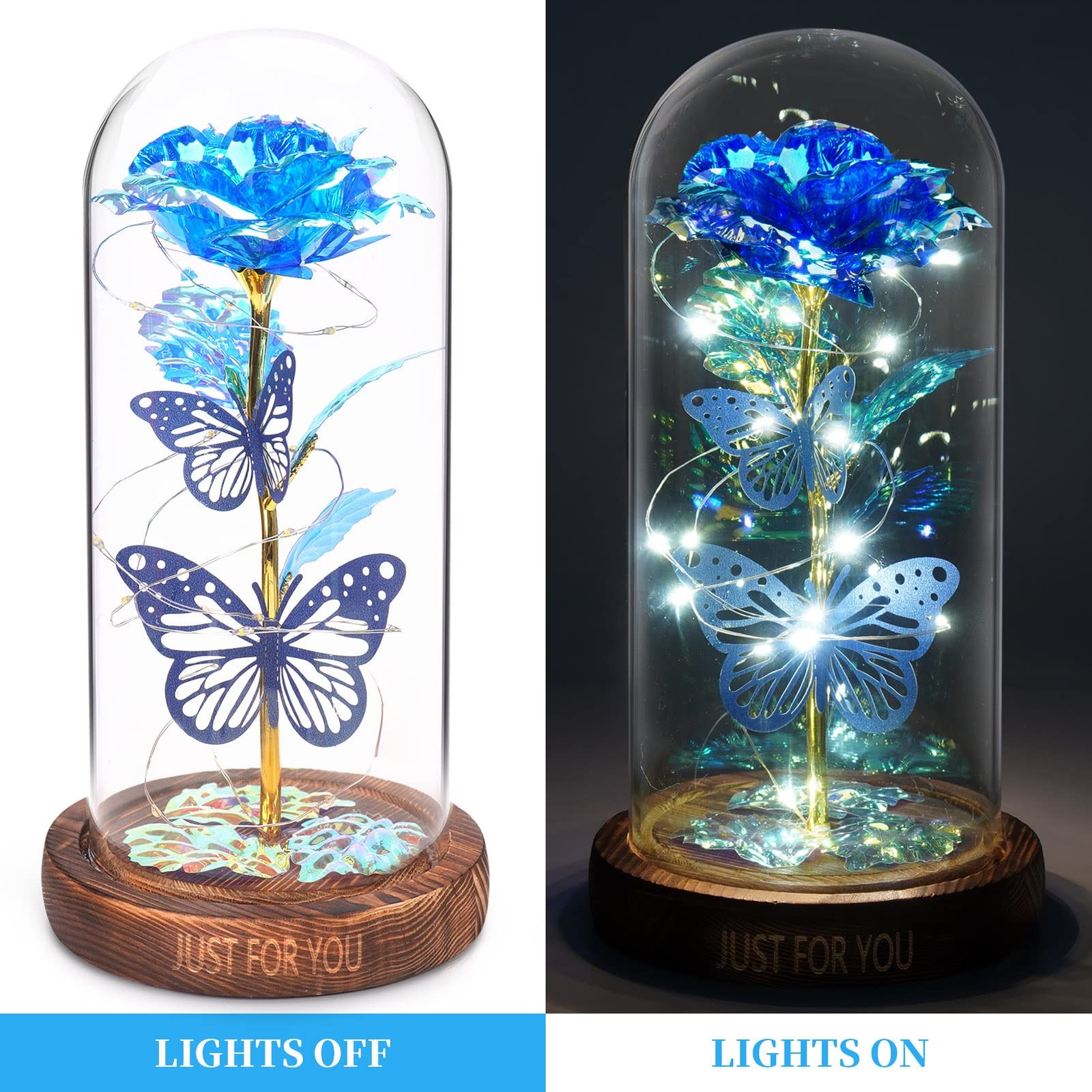 WOKEISE Light Up Rose Butterfly in Glass Dome, Mothers Small, Dome-blue