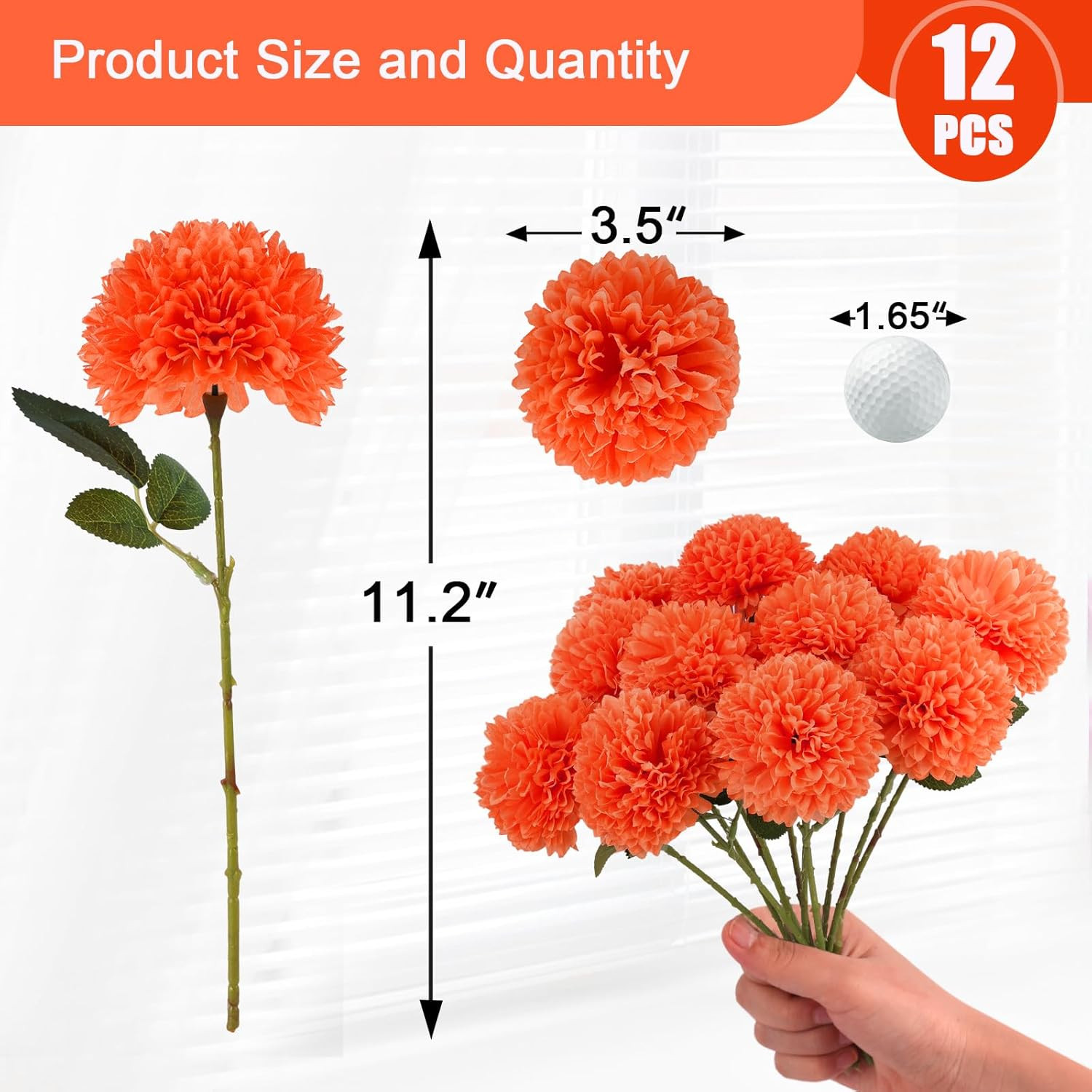 12 Pcs Artificial Chrysanthemums Flowers Marigolds Ball Flower, Orange Fake Mums
