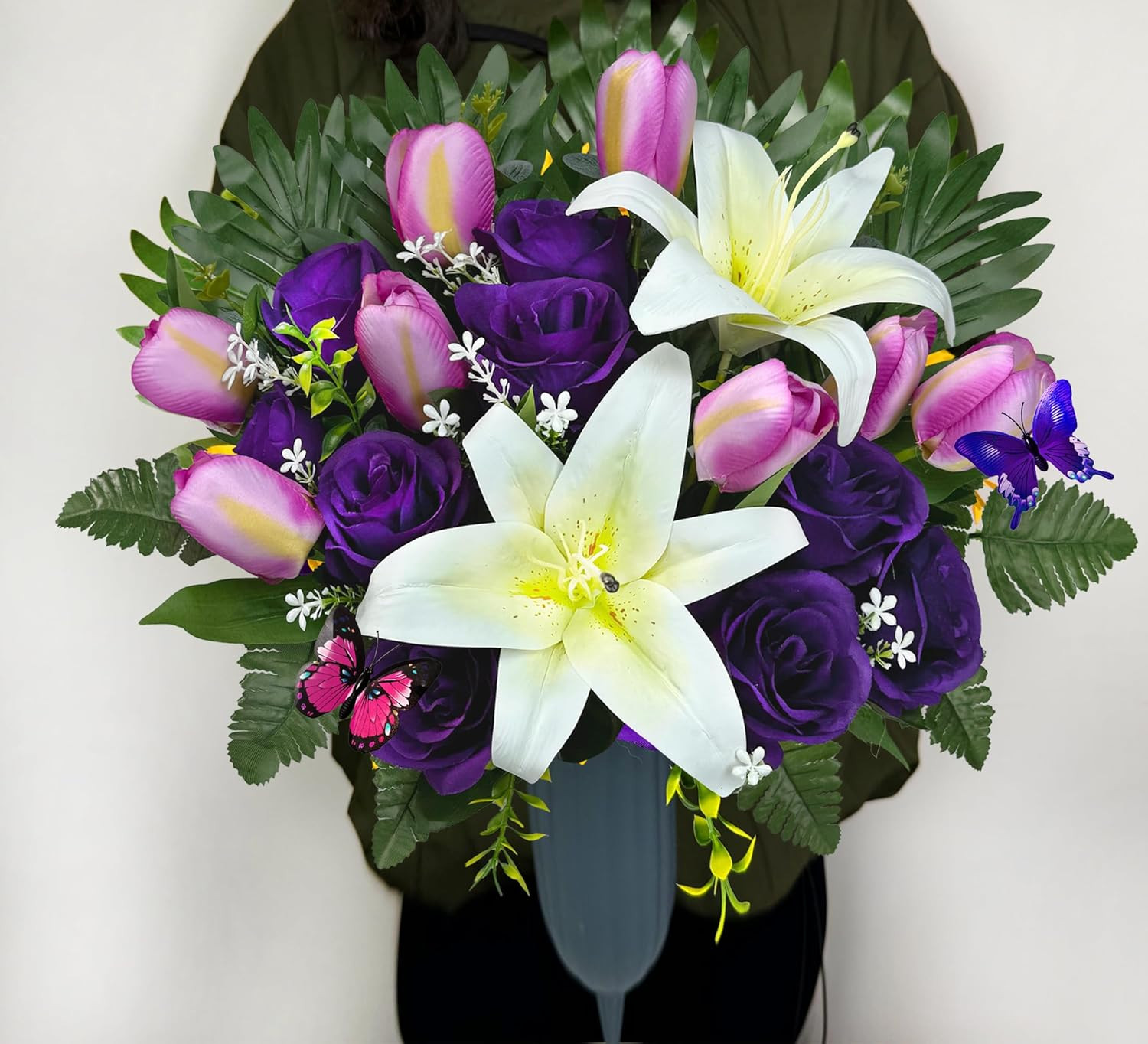 Cemetery Flowers with Vases for Grave Decor Silk Lily Rose Tulip Headstone Flowe