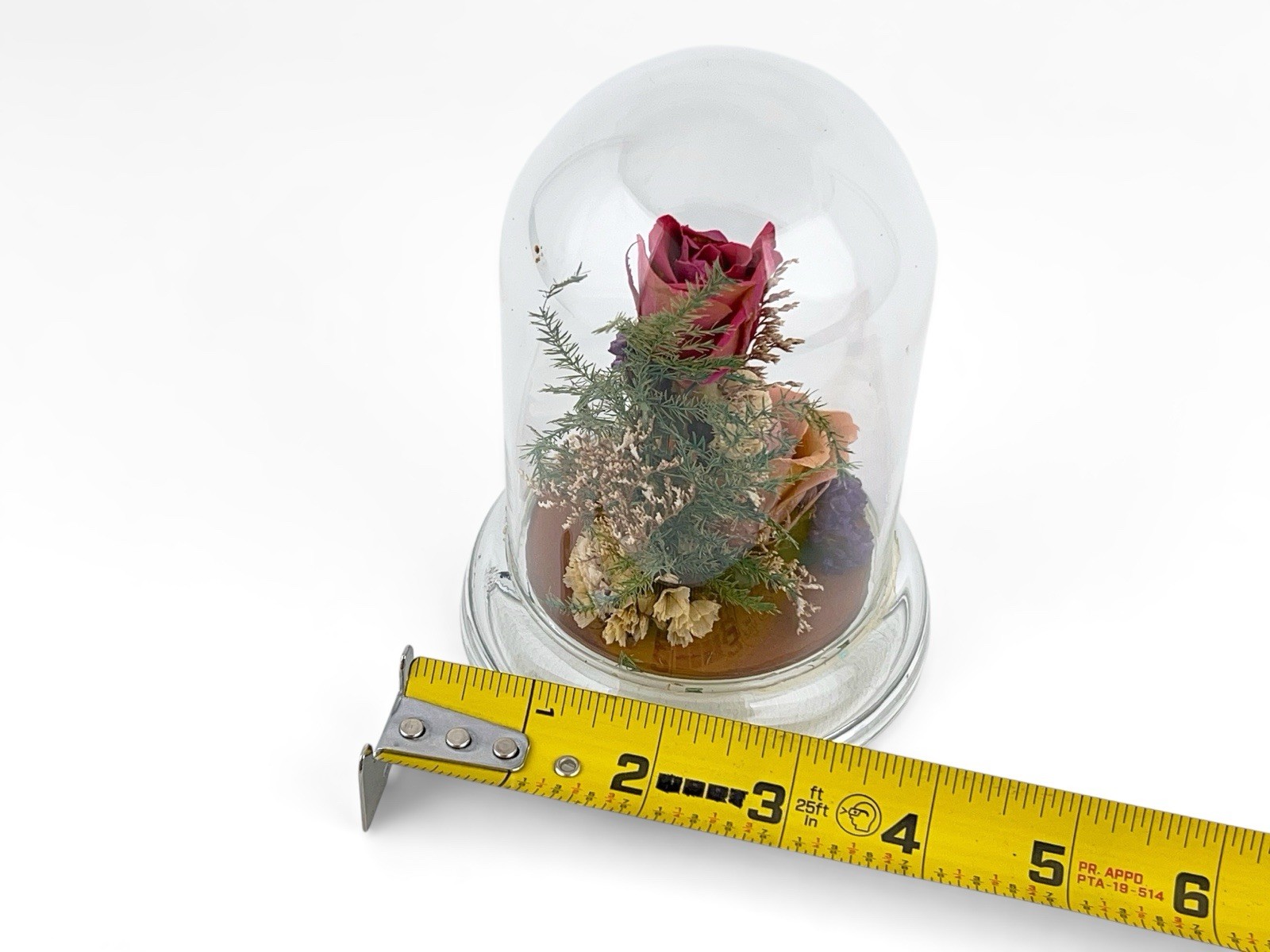 Vintage Dried Pink Rose Flower Arrangement Preserved in 5″ Glass Dome