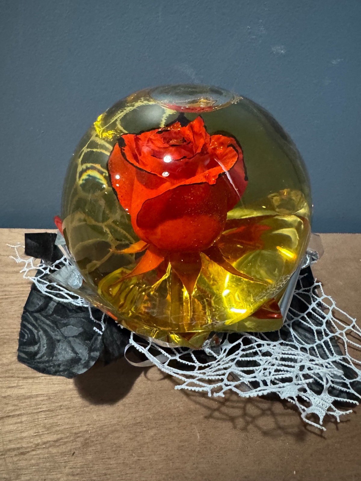 Forever Red Rose wBlack Edges In Glass Ball Water Dome Globe Large Real Rose