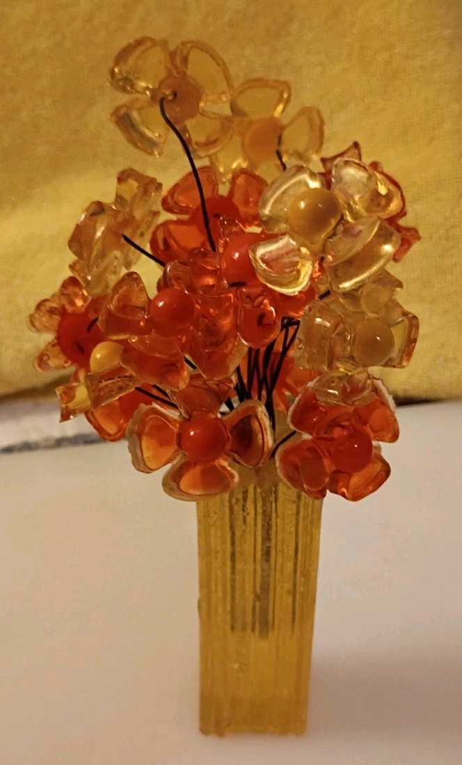 Colorflo 1960/70s Lucite Acrylic Mod Orange/Yellow Flowers In Lucite Vase