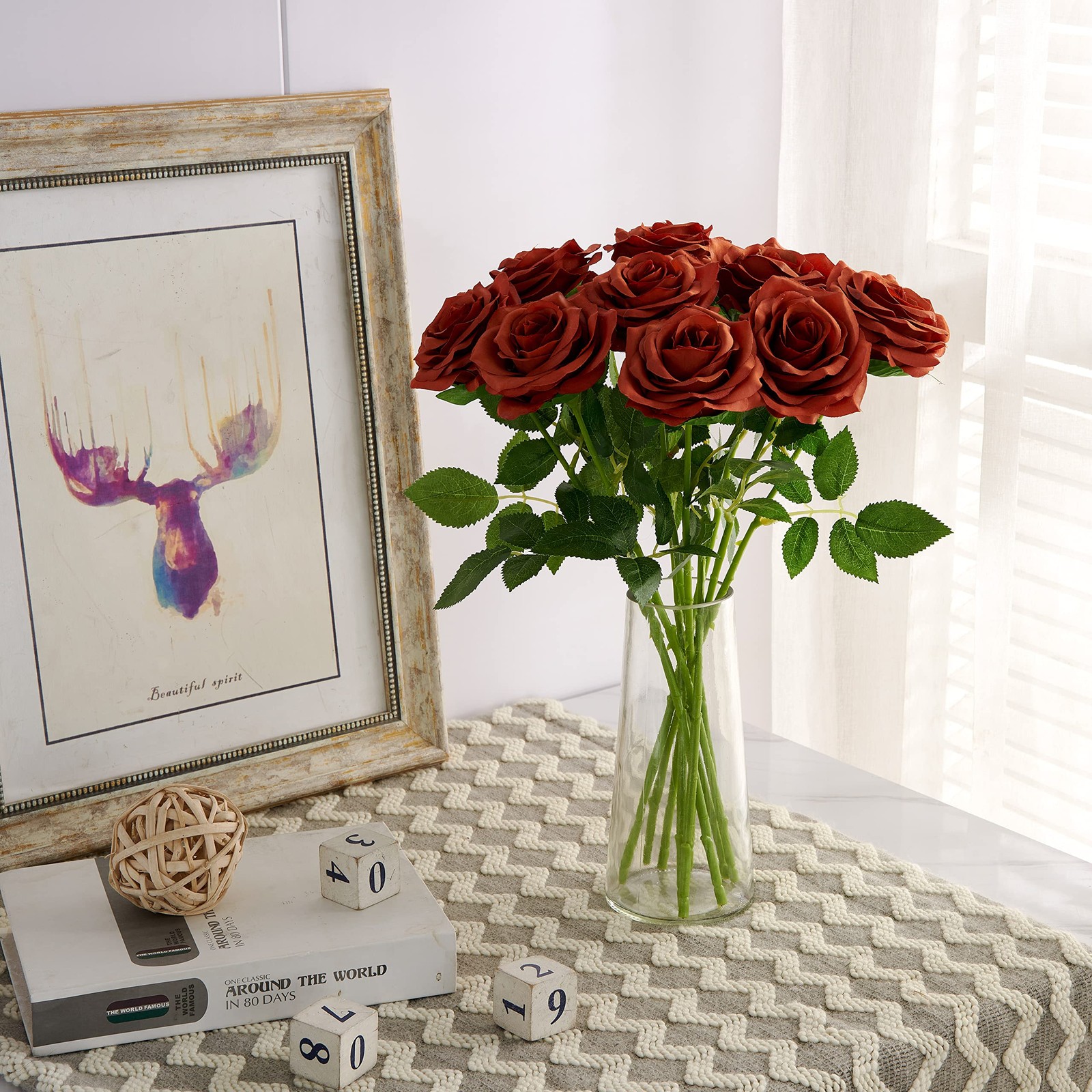 Artificial Rose Bouquet 10pcs for Wedding, Bridal, Centerpiece – Burnt Orange