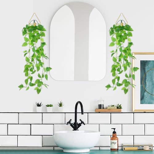 2 Pcs Hanging Planters with Artificial Plants Metal Hanging Vase Indoor