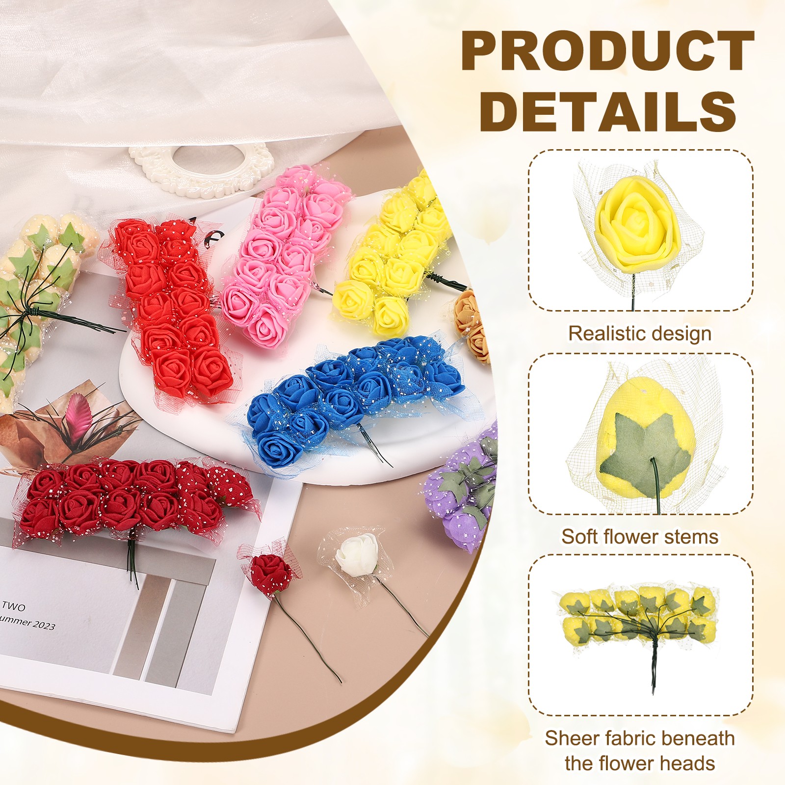 144 Pcs Mini Artificial Rose Flower Heads and Stem, Yellow