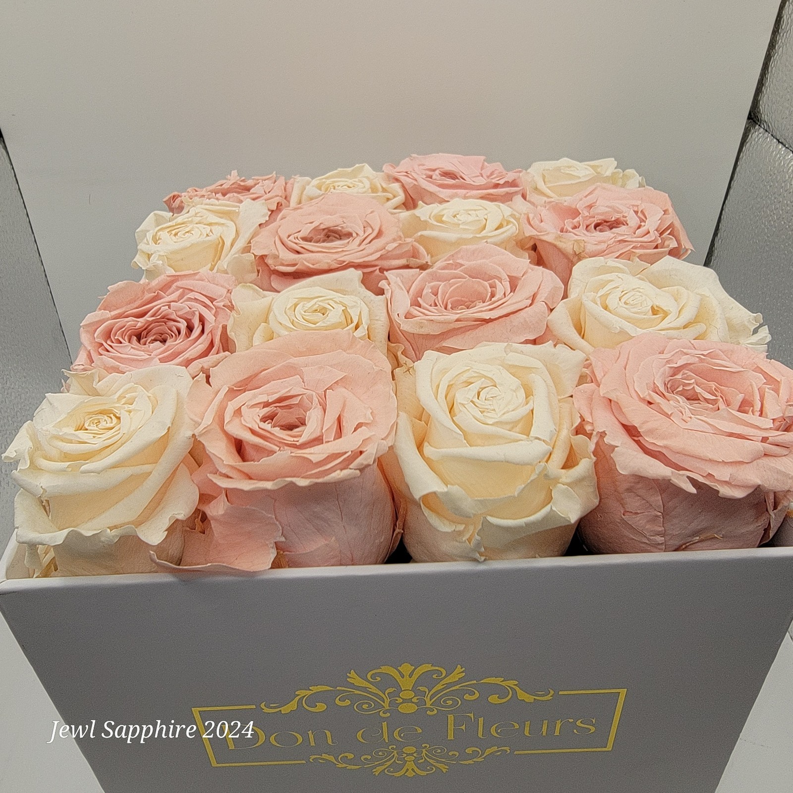 Don de Fleurs Handmade preserved real roses 16 count in box Pink and white