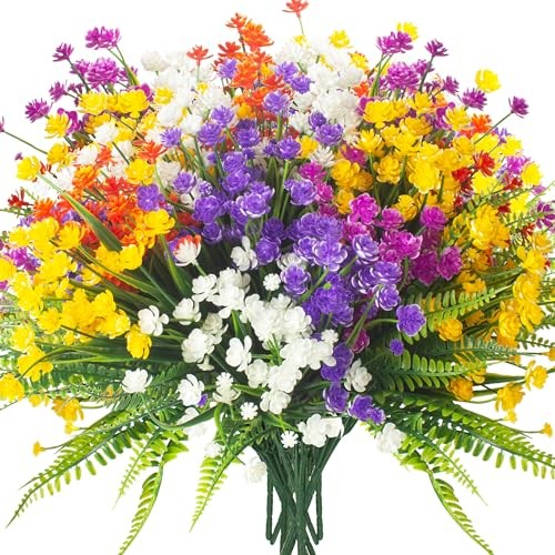 Grunyia 24 Bundles Artificial Flowers for Outdoor Decoration UV Resistant Fake