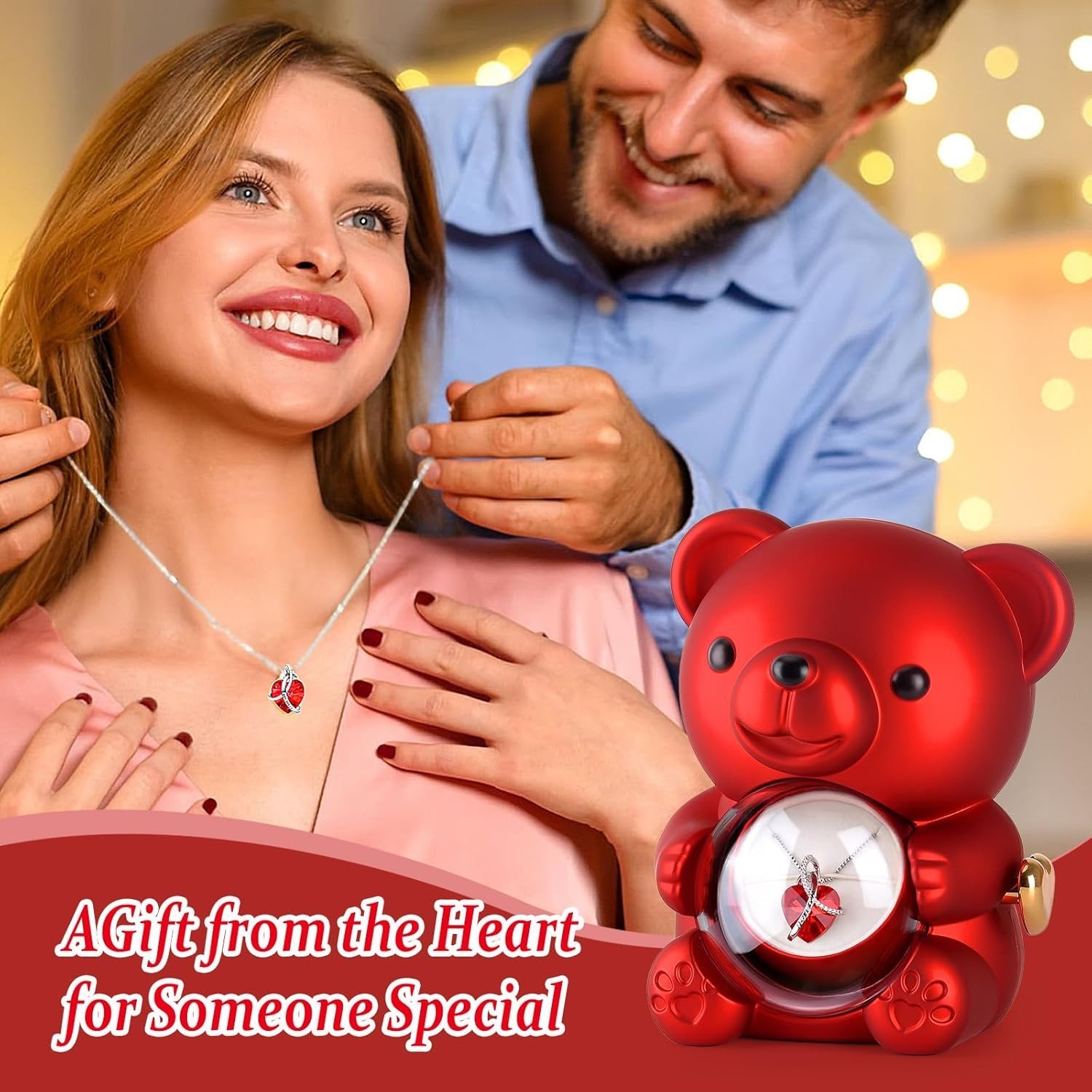 Teddy Bear with Preserved Rose,Eternal Flowers Rotating Rose Box with Necklace R