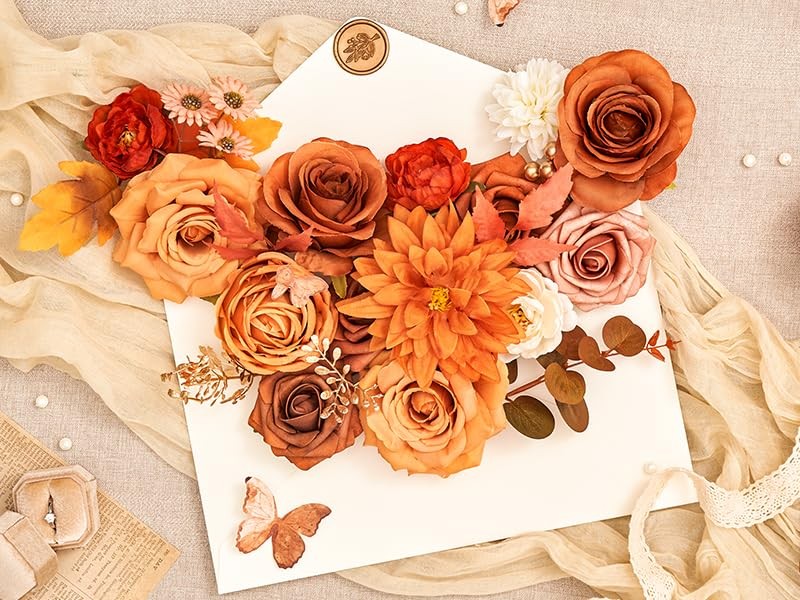 Burnt Orange Artificial Spring Flowers Silk Fake Cake DIY Wedding Decoration