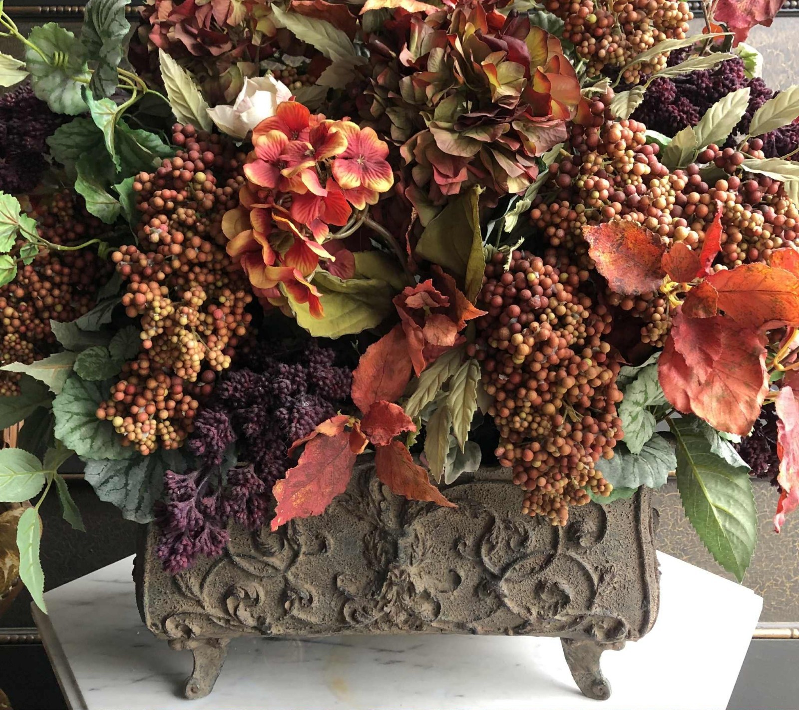 Designer Centerpiece Floral Arrangement Ornate Rectangle Footed Container 30×26″