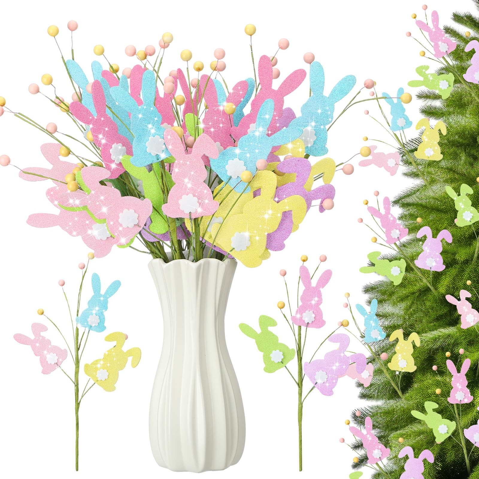 12 PCS 15 Inch Glitter Easter Bunny Tree Topper Picks Floral Arrangement