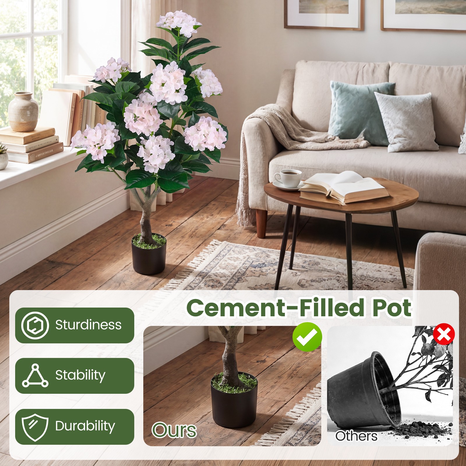 2-Pack Artificial Hydrangea Tree, 43.5″ Faux Flower Plants with 11 Blooms&Trunk