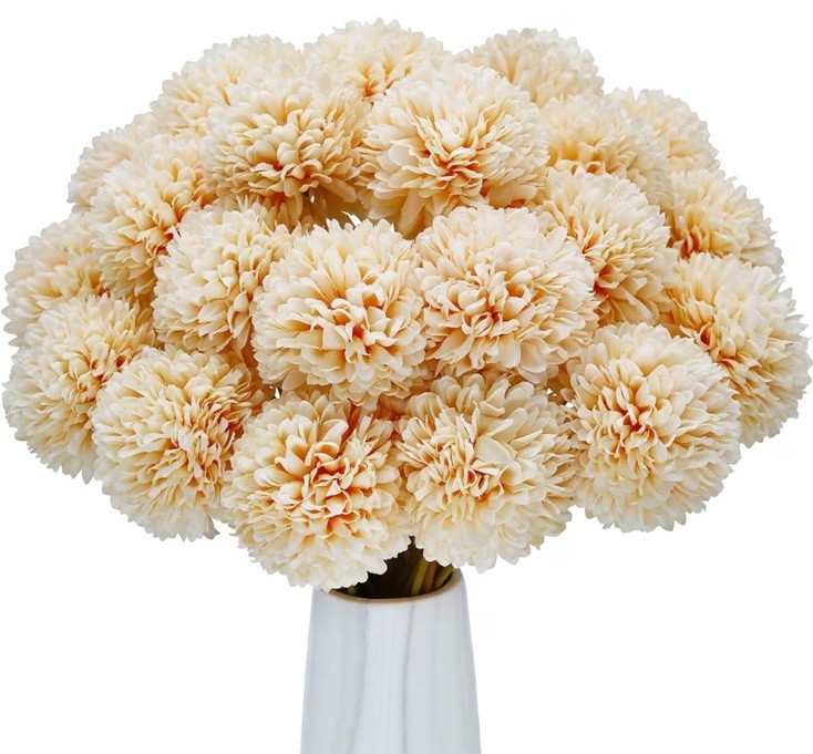 24 Pcs Artificial Chrysanthemums Flowers Silk Ball Champagne Flowers Fake Mums