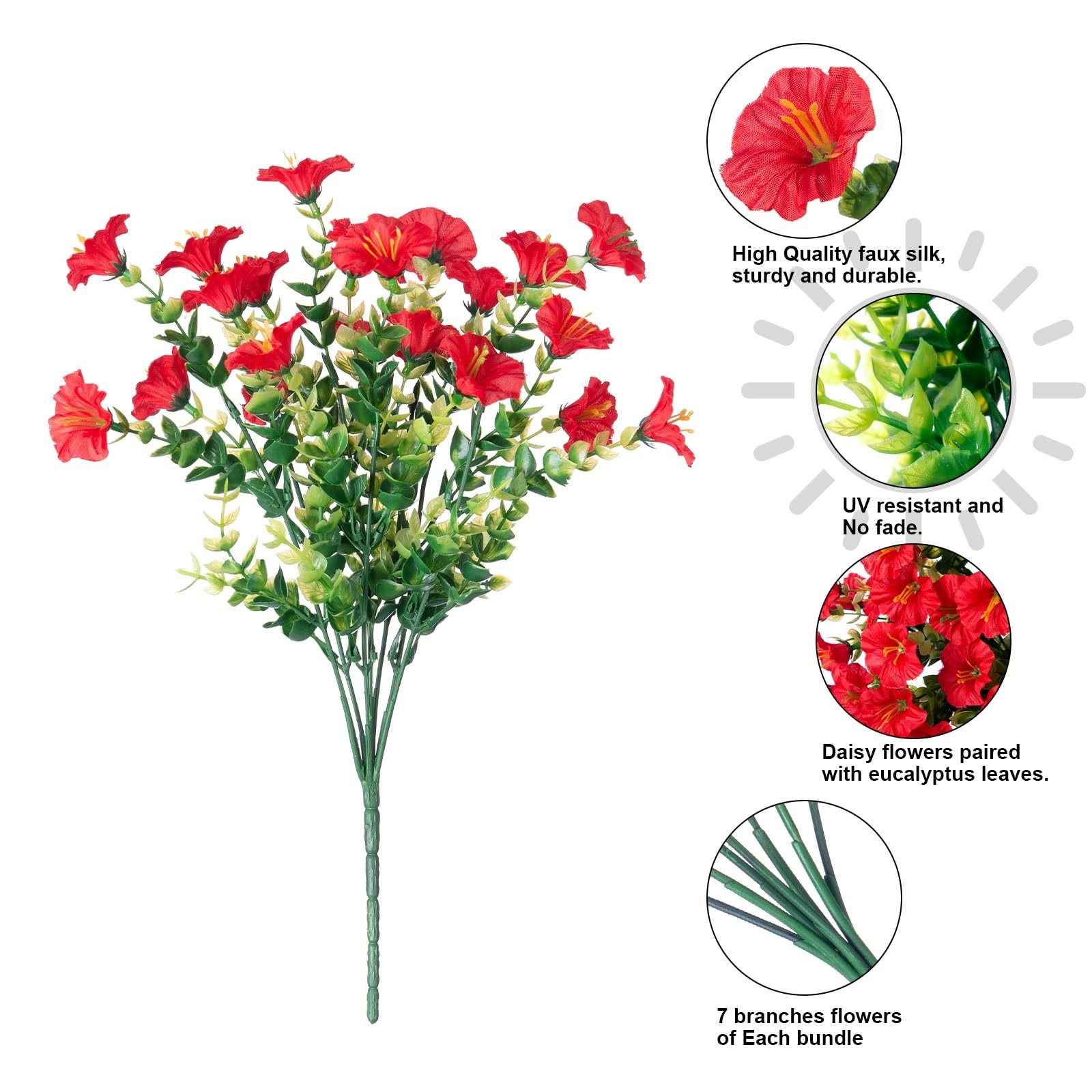 12 Bundles Red Silk Morning Glory & Eucalyptus – UV Resistant Faux Flowers for O