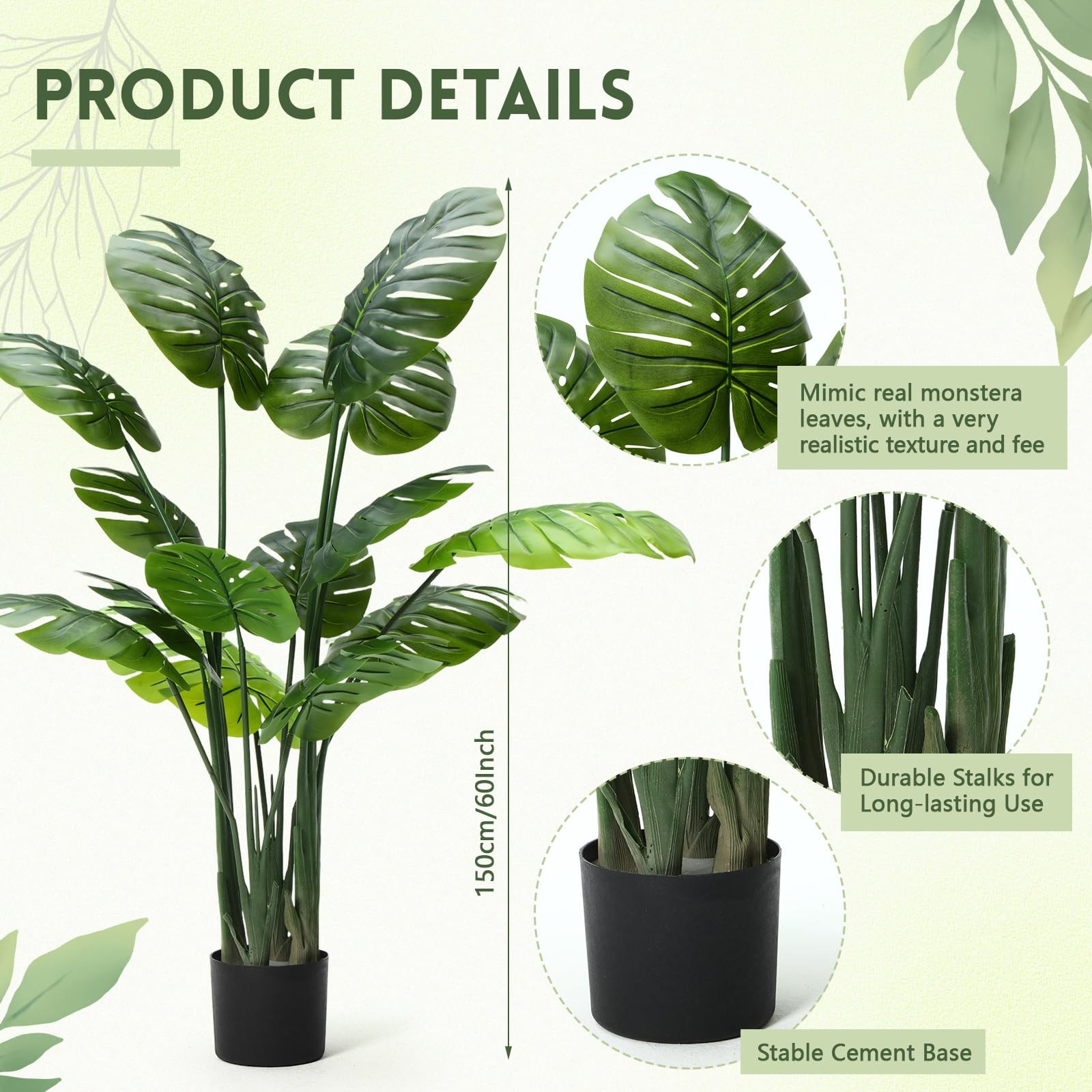 2 Pack 60” Tall Large Artificial Monstera Deliciosa Plant 5ft Faux Swiss Che…