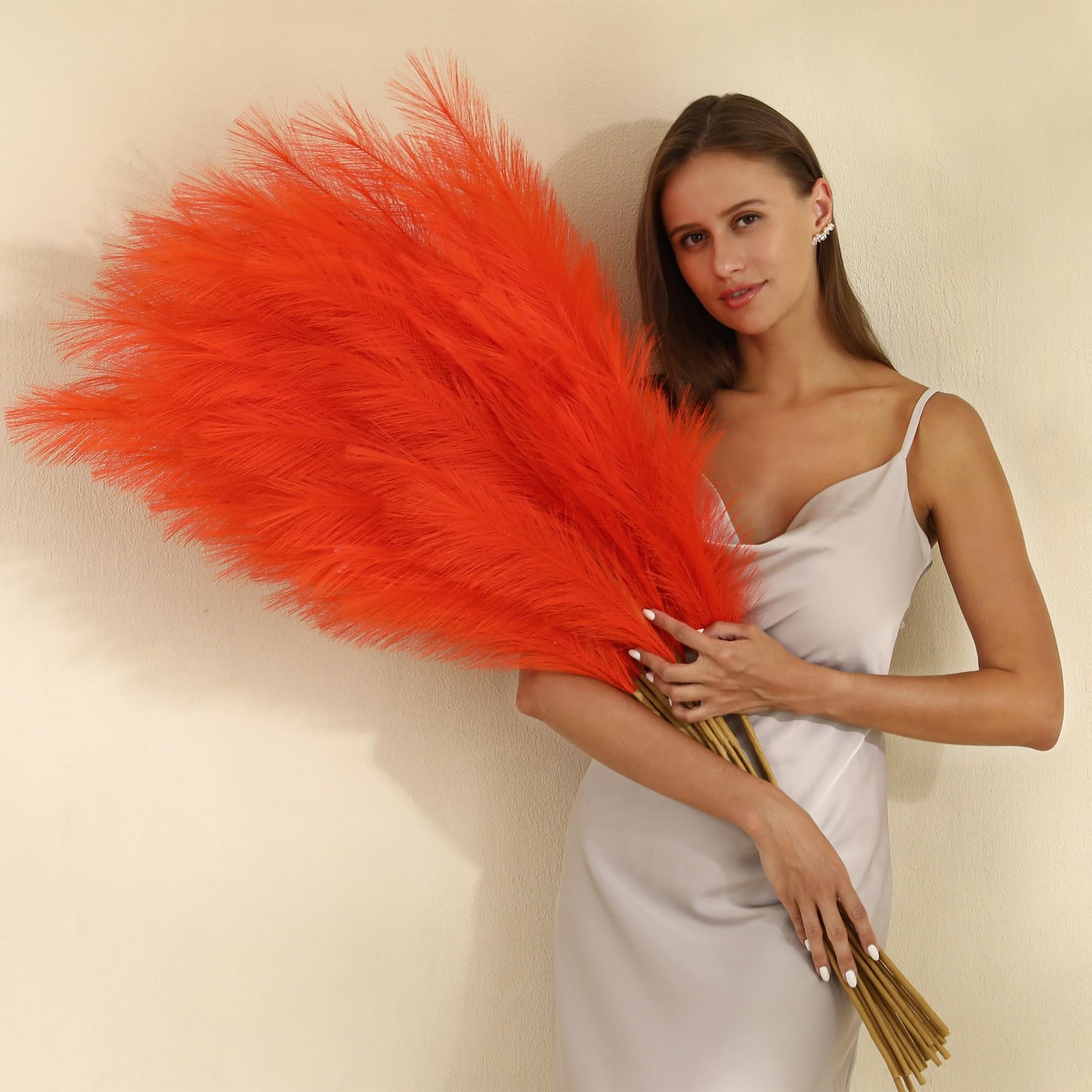 Orange Pampas Grass Decor 45 Inch Set of 8 Tall Faux Artificial Floral Decor