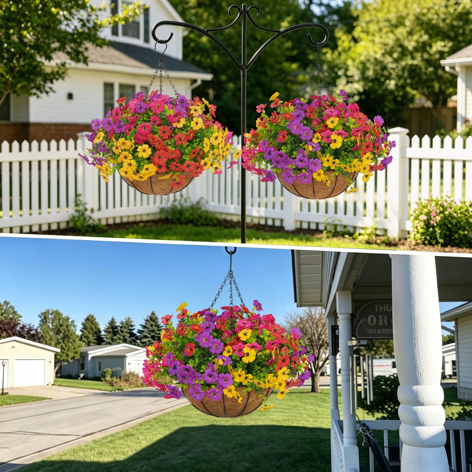 2 Set Artificial Outdoor Flowers with Hanging Basket for Garden Porch Patio B…
