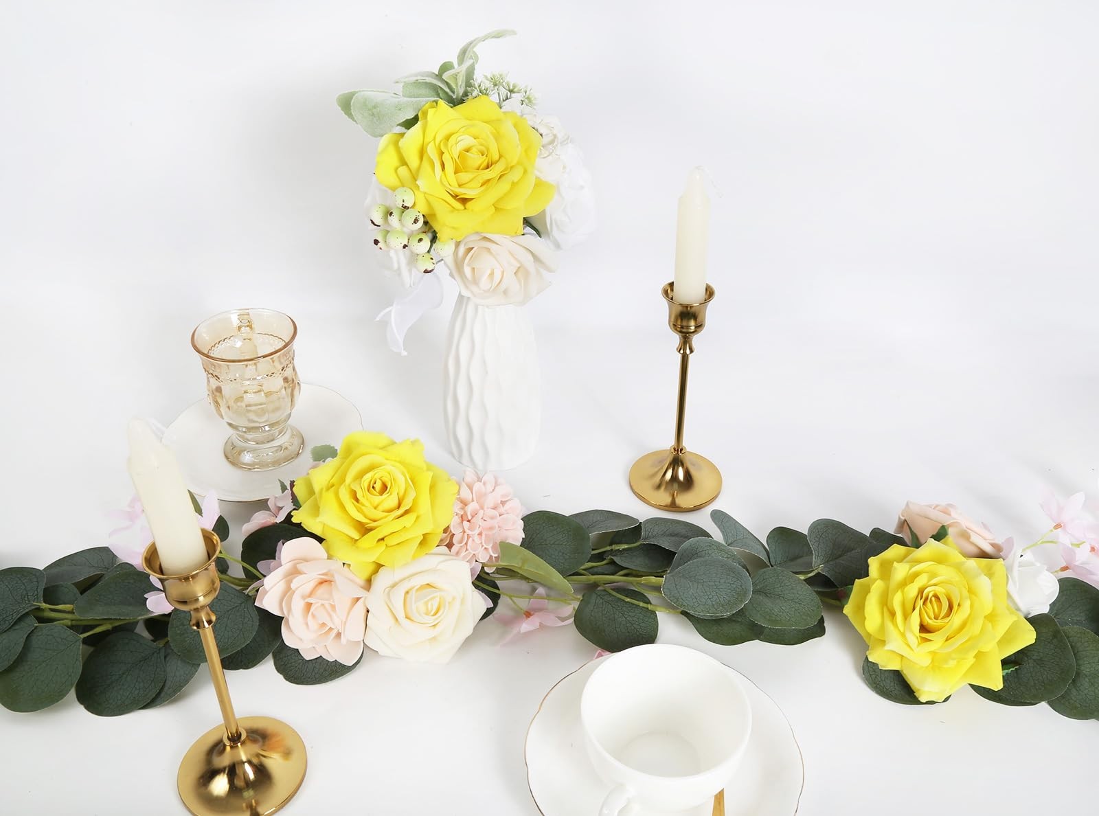 Artificial Flowers – 16pcs Yellow Fake Roses, 4.3″ Velvet Roses for Wedding B…