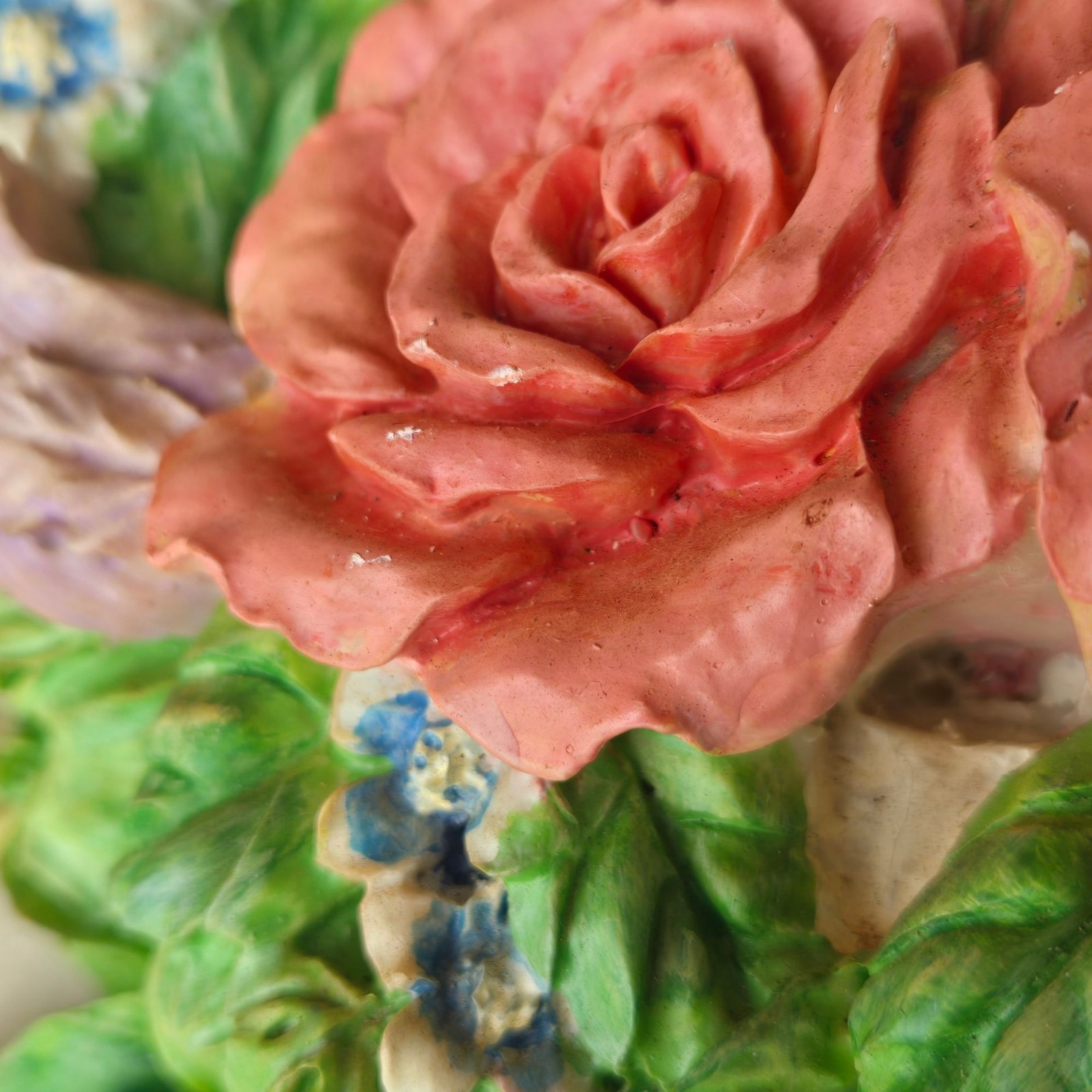 Vintage Flower Arrangement Doorstop Shabby Cottagecore Floral White Blue Ribbon