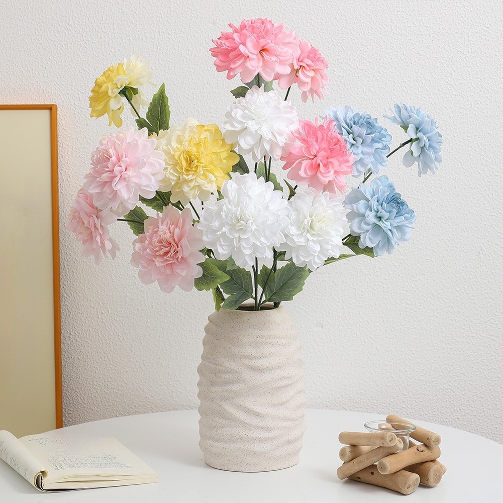3-Head Silk Dahlia Stems 64cm Flexible Wire Core for Craft and Wedding Decor