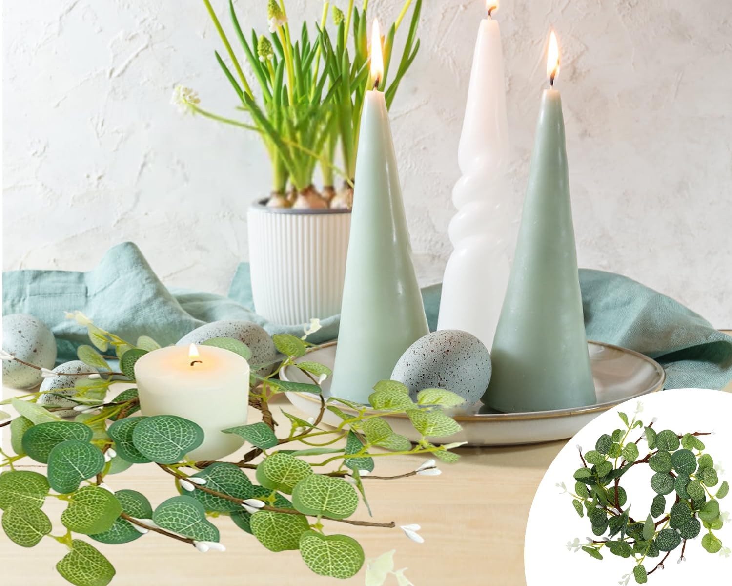 CARMELIT Easter Candle Ring Wreaths 15x15cm Artificial Eucalyptus Green 2 Pcs