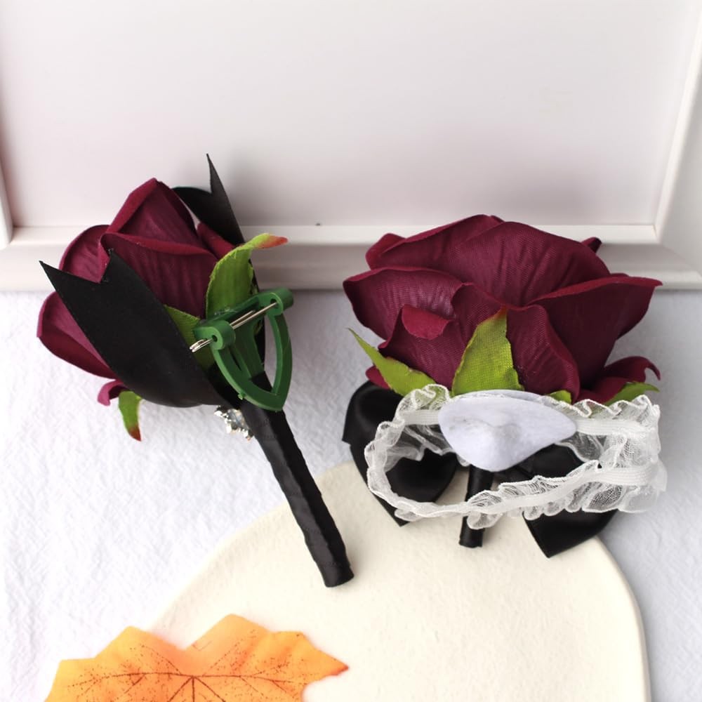 Black Wine Red Rose Wrist Corsage Boutonniere Set Bride Groom Prom 2 PCS