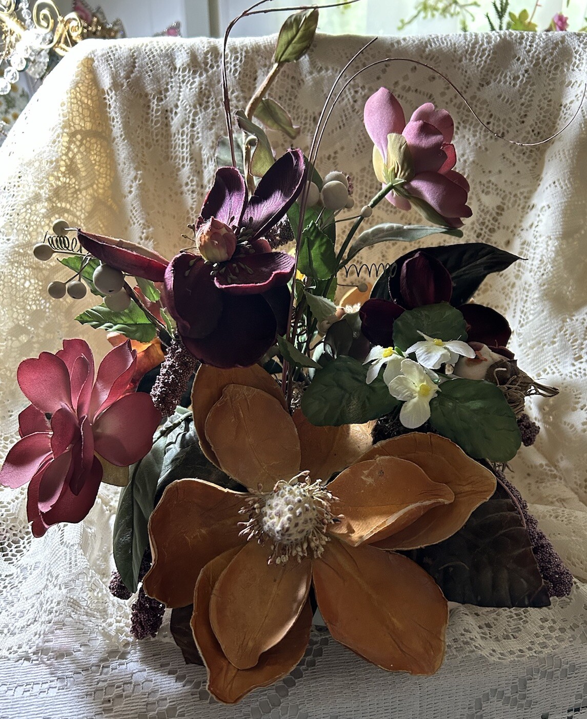 Exotic Artificial Floral Arrangement In A Porcelain Dish Made In Portugal