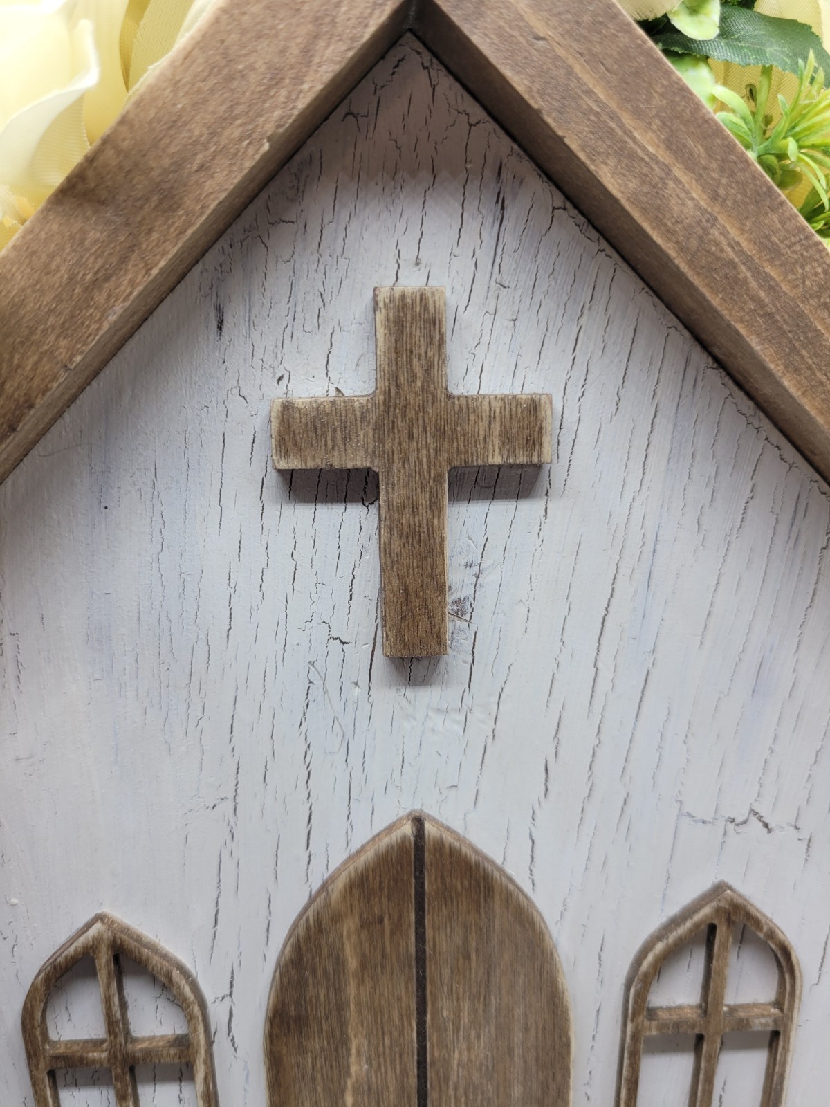 Faux Flower Arrangement Church Wood Box Decor