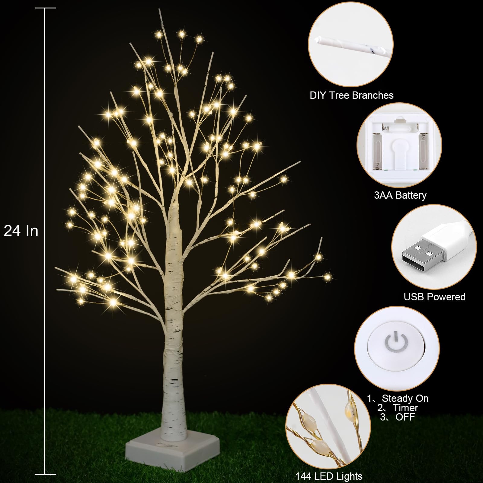144 LED Birch Tree Lights, DIY Artificial Tree Lamp Timer Battery/USB Operate…